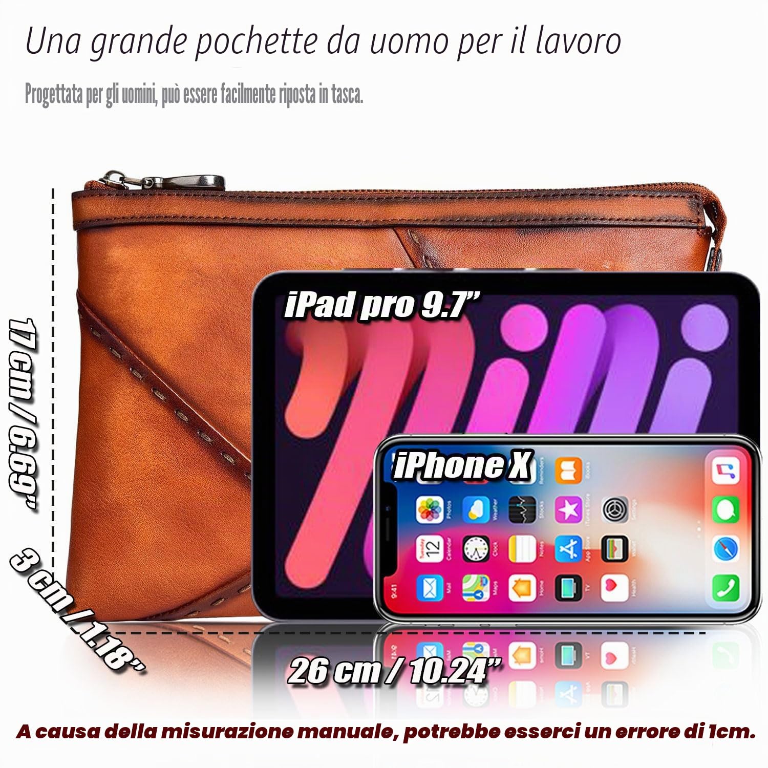 Pochette Grande da Uomo, Borsa a Mano in Pelle Bovina Conciata al Vegetale, Borsellino Business Formale, Borsetta Versatile Moda Portafoglio Documento