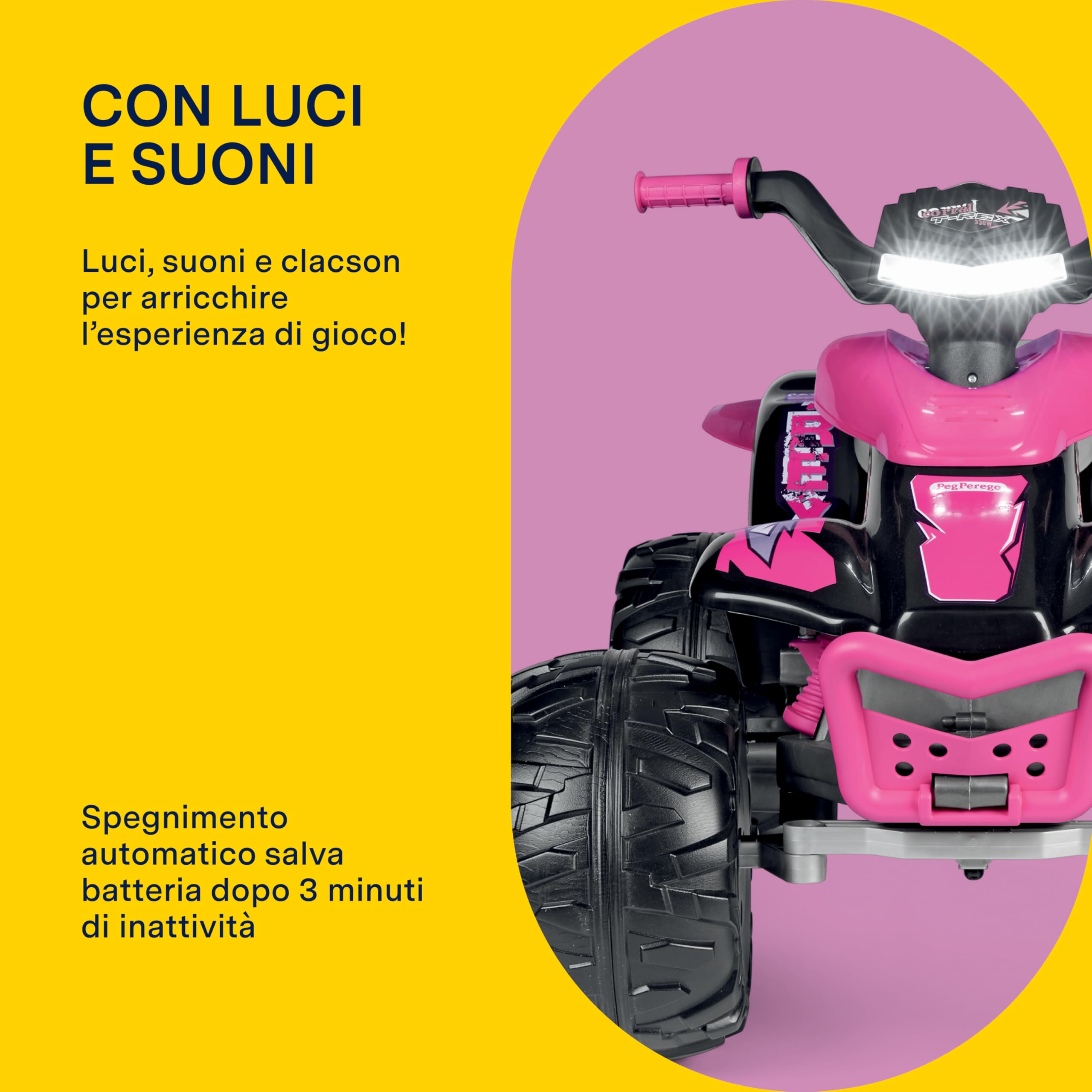 PEG Corral T-Rex 330W Pink Quad Elettrico Cavalcabile per Bambini dai 3 Anni con Luci LED, Suoni, 2 Marce e Retromarcia, Batteria Ricaricabile 12V