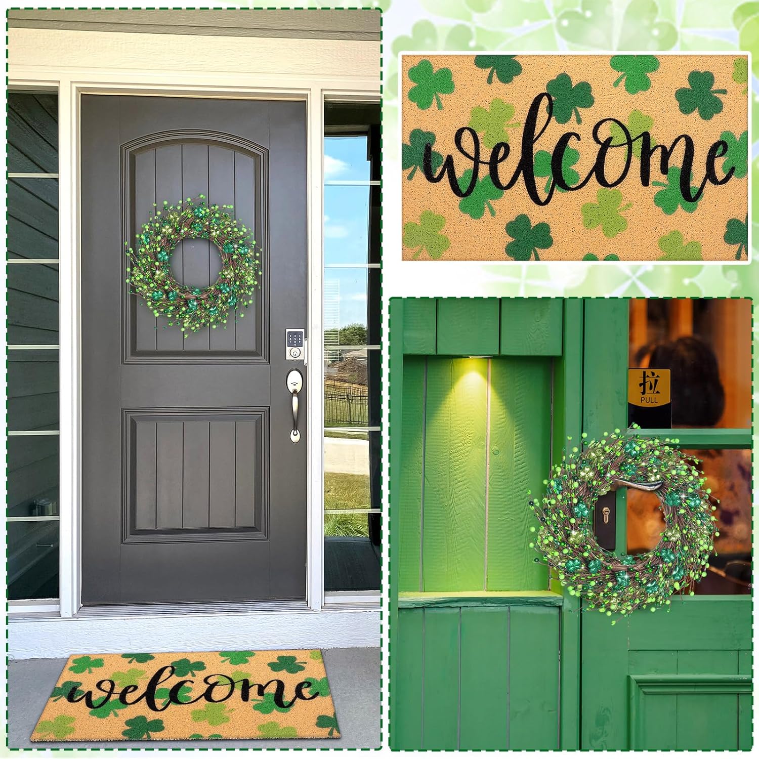 2 Pcs St. Patrick's Day Coir Door Mat and Shamrock Wreath for Front Door Green Shamrock Welcome Doormat Irish St. Patrick's Day Decorations for Front Porch Entryway Decor