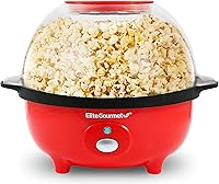 Elite Gourmet EPM330R 3-Quart Hot Oil Popcorn Maker with Auto-Stirring, Ceramic Nonstick & Reversible Bowl, Red