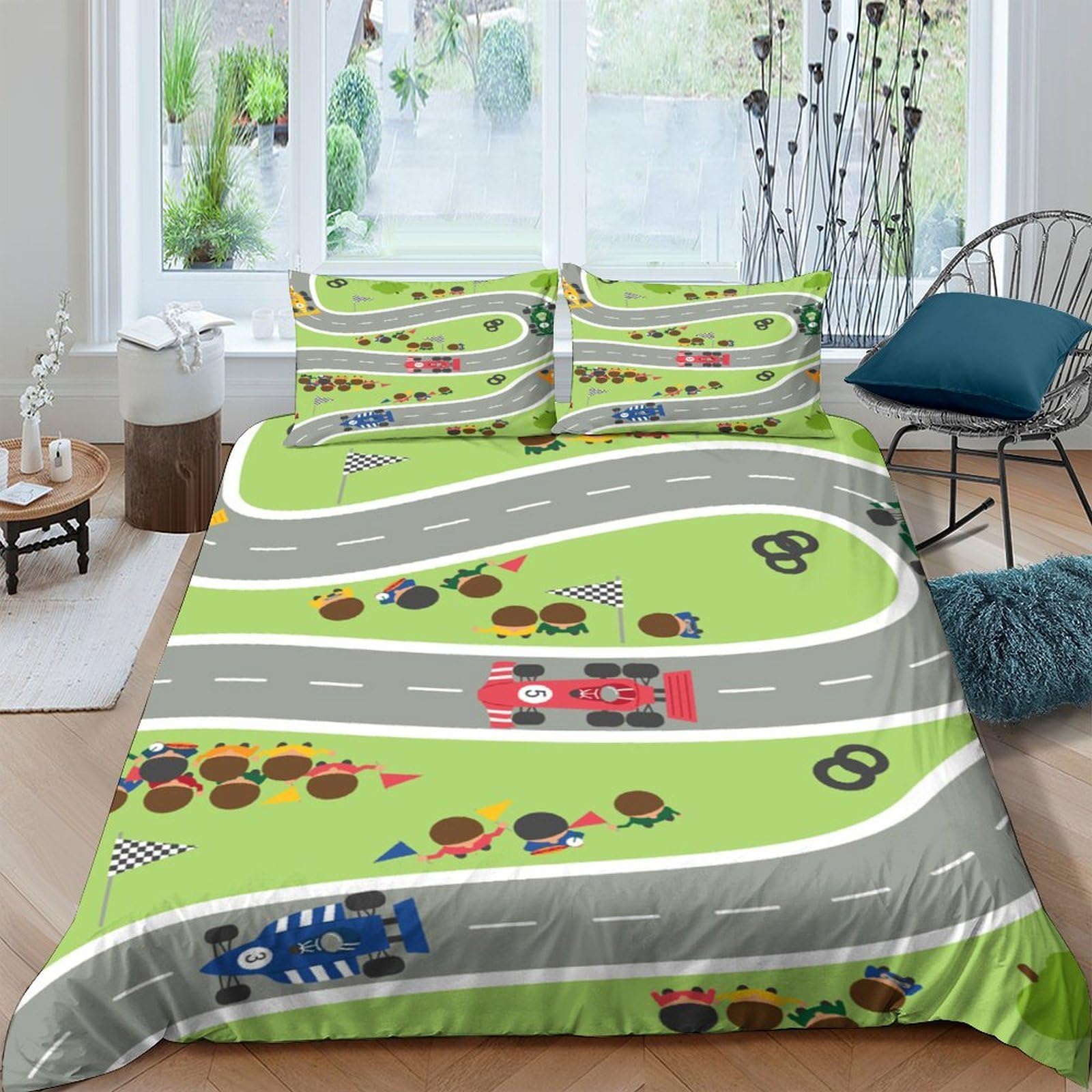 Ctjqhvkz Style-4 3D Printed Racing Track Fitted Sheet Microfiber Soft Green Road Car Bed Sheet For Bedroom Kids Teen Adult Decor Single（135X200cm）
