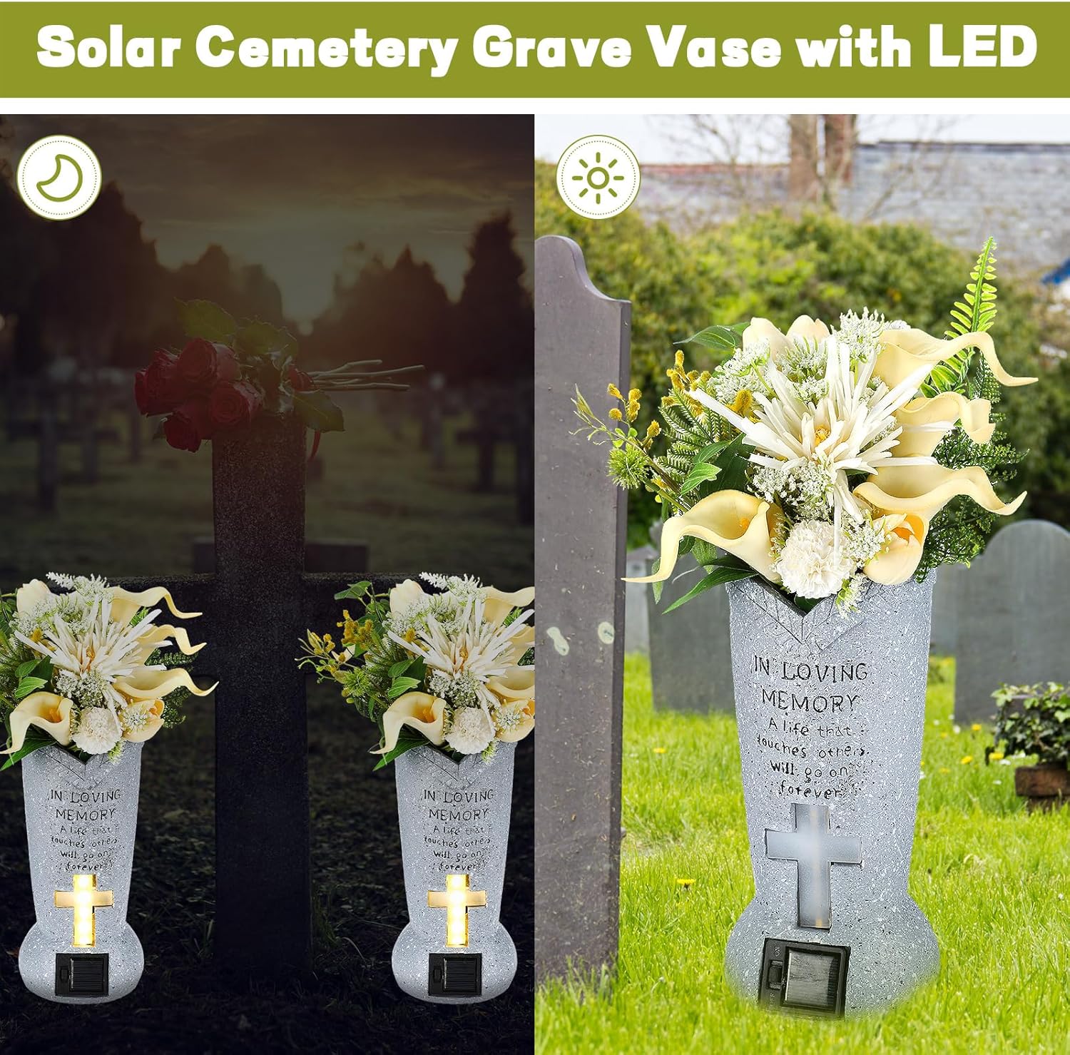 2 Pcs Solar Cemetery Grave Vase with LED for Fresh Artificial Flowers Headstones Vases with Spikes Grave Decorations for Cemetery Decor Memorial Gifts Loss of Loved One(Cylinder)