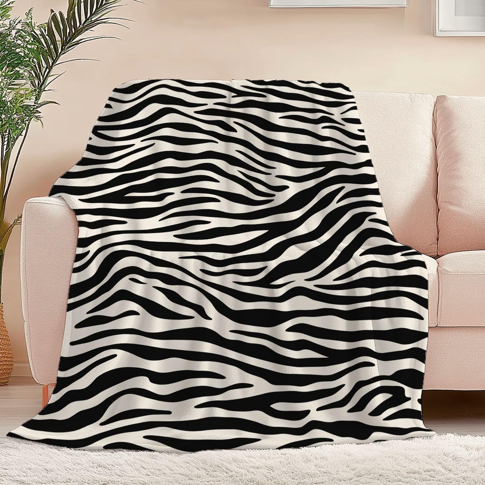 Couverture Polaire 180 x 200 cm Épaisse et Moelleuse - Noir et Blanc Plaid Hiver Chaud pour Salon et Chambre - Camouflage Texture Zèbre Animale Lavable en Machine pour Famille