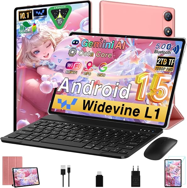 Gemini AI Tablet Android 10 Pulgadas, 64GB ROM + 2TB TF, Octa-Core, 5G WiFi, Widevine L1, GMS, Bluetooth 5.0, 5MP + 8MP, 3.5mm Audio, 1280 * 800 FHD IPS, Tablet con Teclado + Ratón + Protectora, Rose - 1