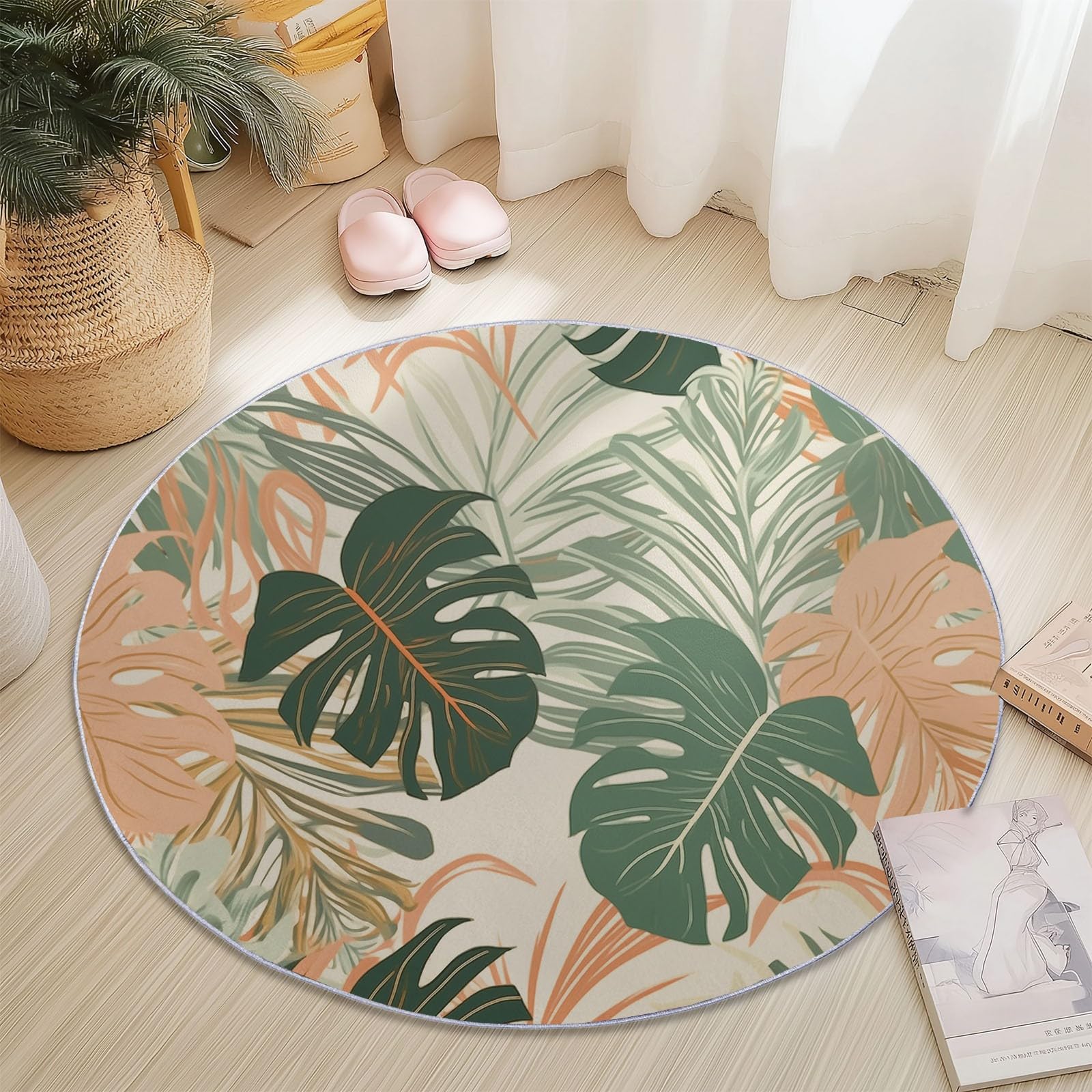 Okrągły dywan 120 cm, można prać w pralce, antypoślizgowy dywan podłogowy, niskie runo, miękki, zielony, monstera deliciosa, liście palmowe, dywan do salonu, sypialni, kuchni, pokoju dziecięcego
