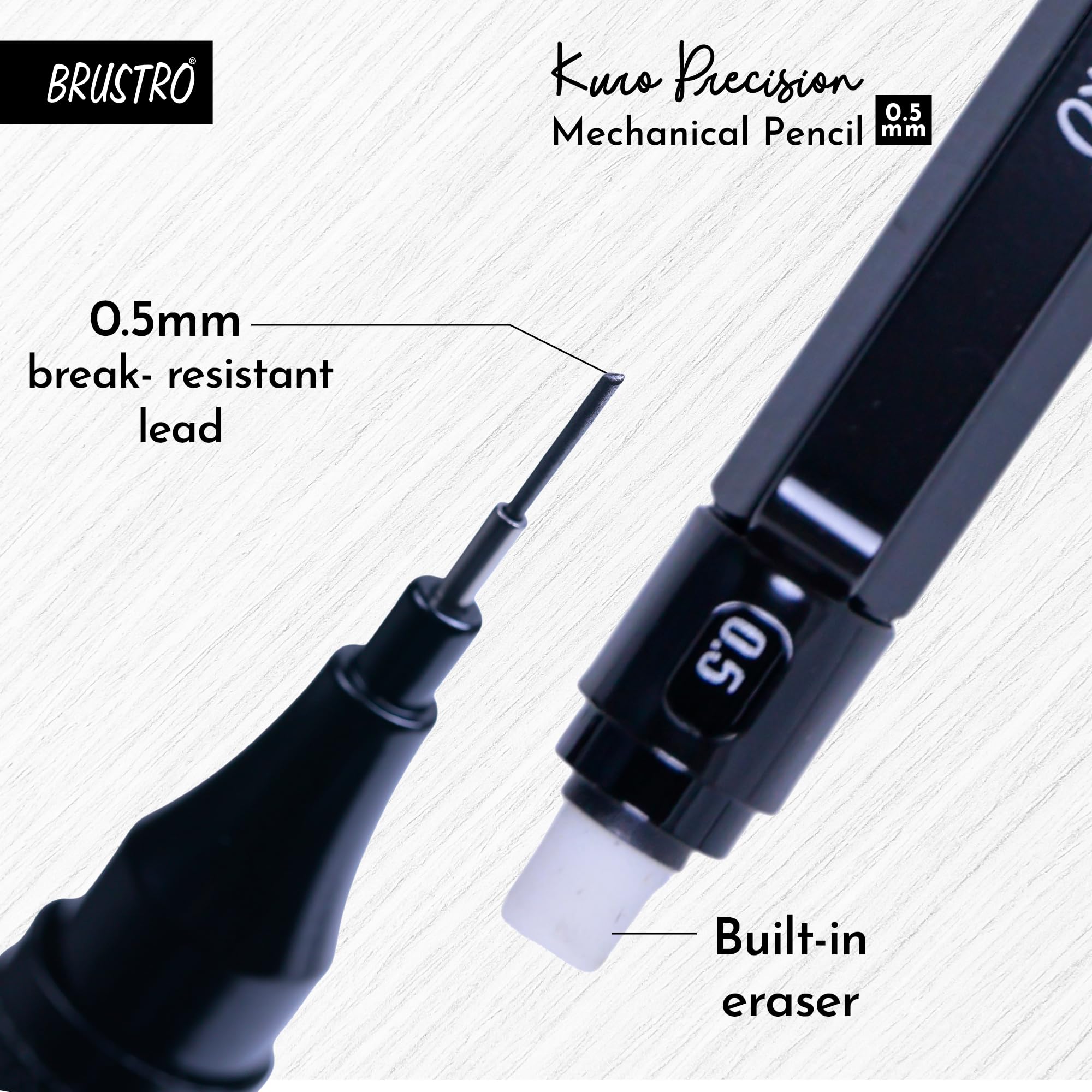 BRUSTRO Kuro Precision Mechanical Pencil | Tip Size - 0.5mm With 20 - HB and 20-2B leads, 3 Eraser Refills| Ideal For Writing, Sketching, Drawing, Mandala Arts and Fine Art Students 4