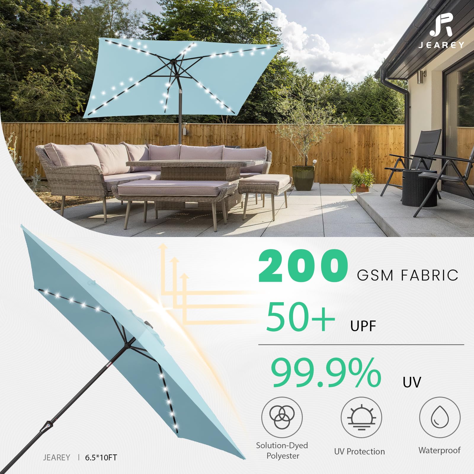 JEAREY 6.5x10 ft Rectangular LED Lighted Patio Umbrellas Outdoor Solar Table Market Umbrella w/Push Button Tilt/Crank, 6 Sturdy Ribs, UV Protection Waterproof Sunproof(Lake Blue) : Patio, Lawn & Garden