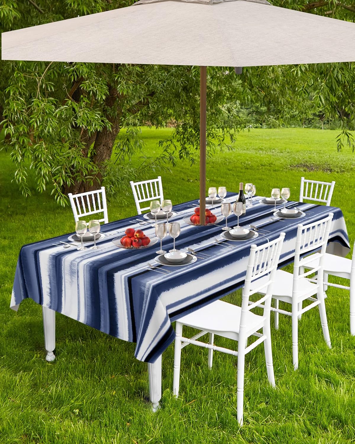 Navy Blue Ombre Outdoor Tablecloth with Umbrella Hole and Zipper Waterproof Table Covers, Modern Geometric Abstract Art Blue Patio Tablecloths for Pinic/Party, Rectangle 60 x 120 Inch