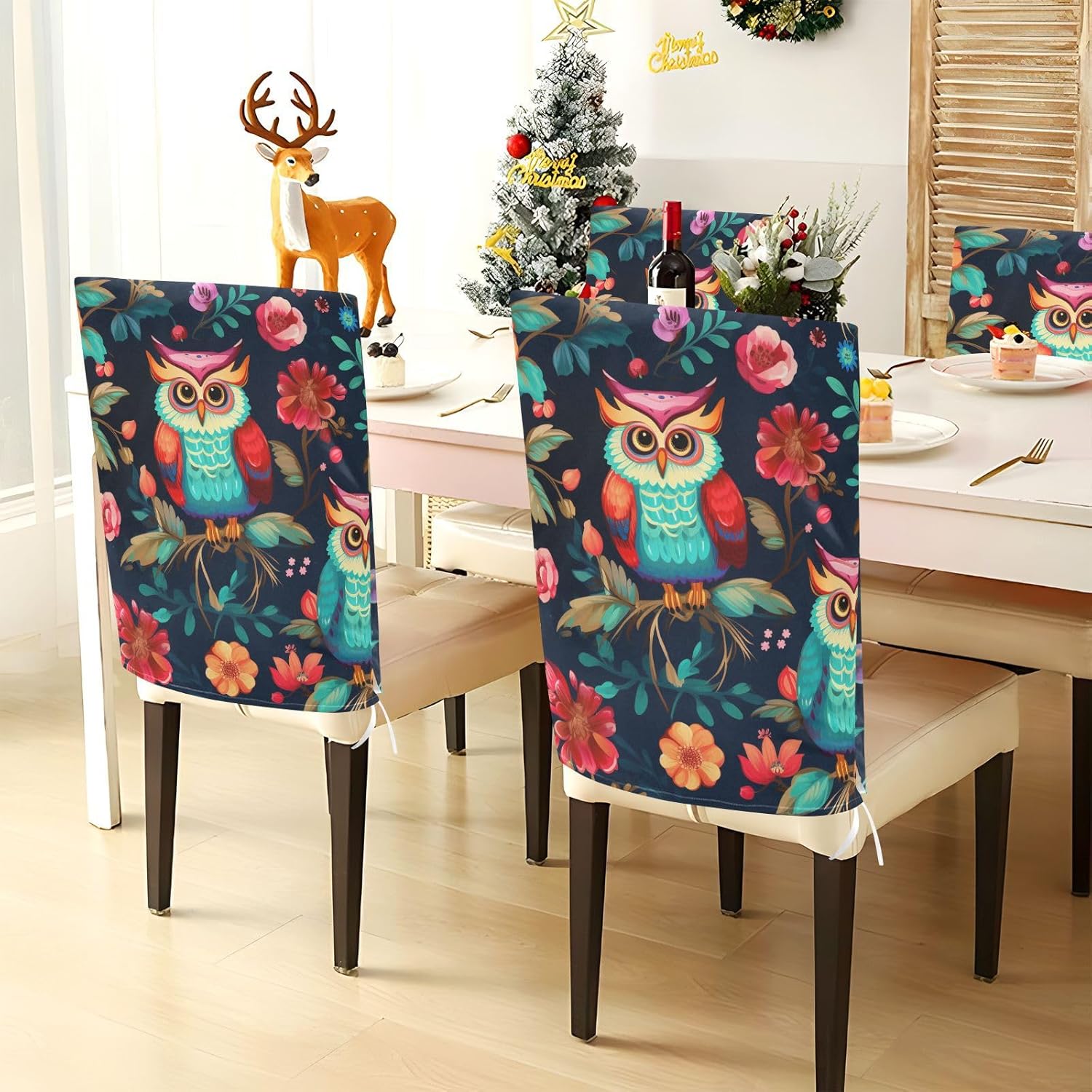 ALAZA Cute Owl Flowers Chair Back Cover Set of 6, Washable Reusable Removable Chair Slipcovers Decorative Chair Cover for Home Kitchen Wedding Party