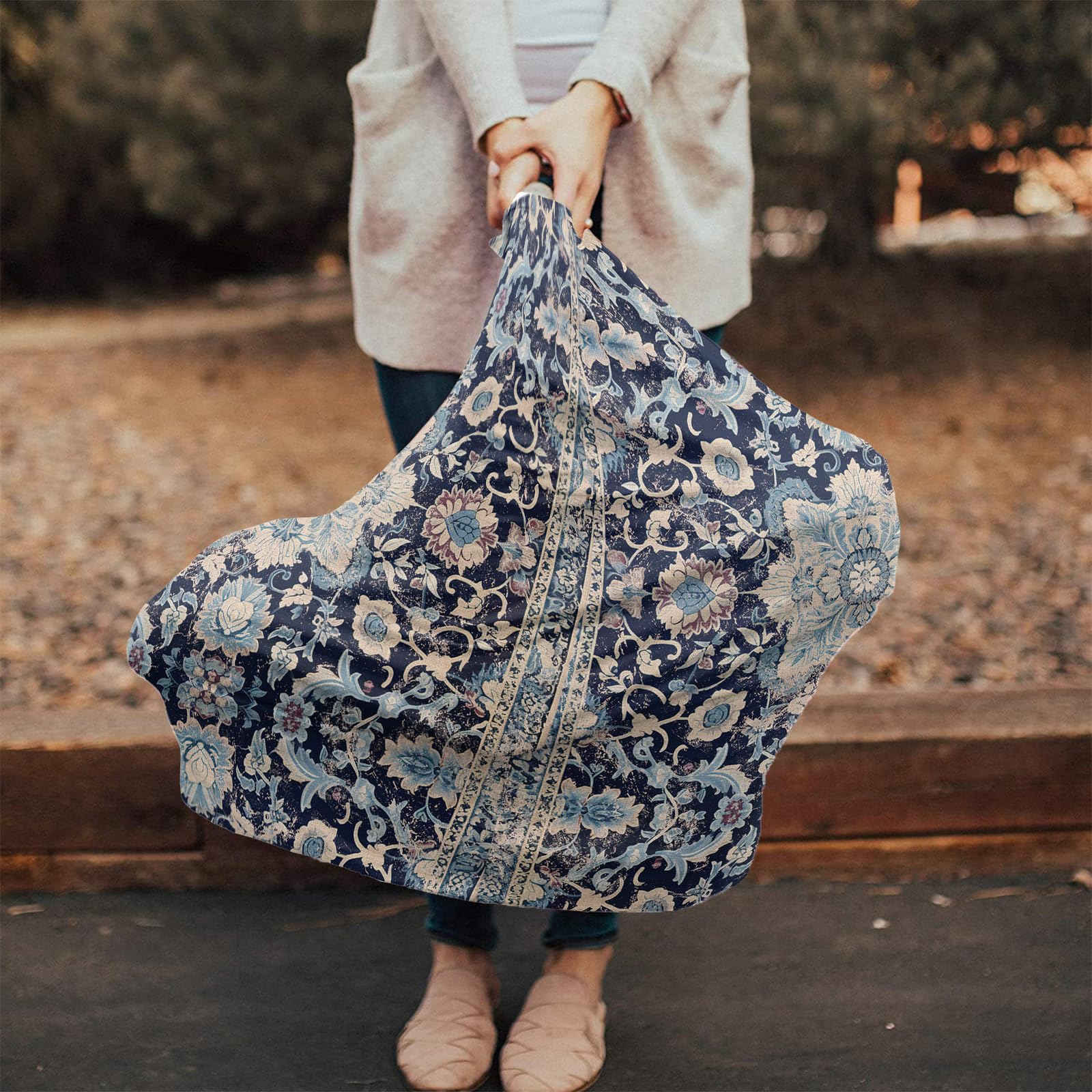 Nursing Cover for Breastfeeding Scarf, Blue Flower Textured Oriental Vintage Baby Car Covers Super Soft Multi Use for Canopy Shopping Cart Cover Blanket Stroller Cover