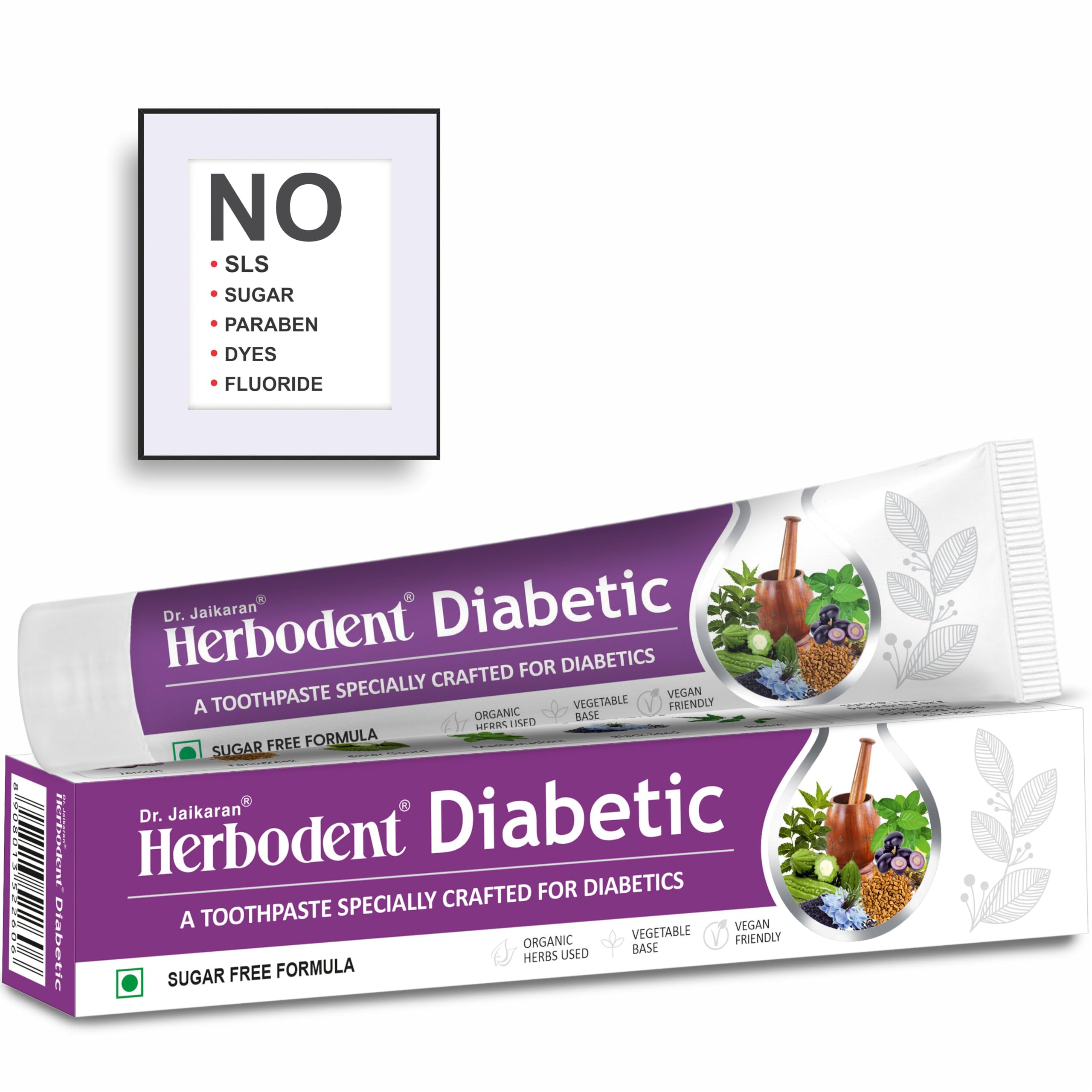 Herbodent® Zahnpasta für Diabetiker, 100 g, 1 Stück, speziell für Diabetiker, SLS- und zuckerfreie Formel, 7 Bio-Kräuter – Jamun, Bockshornklee, Bitterkürbis, Madhunashini, Schwarzsamen, Neem