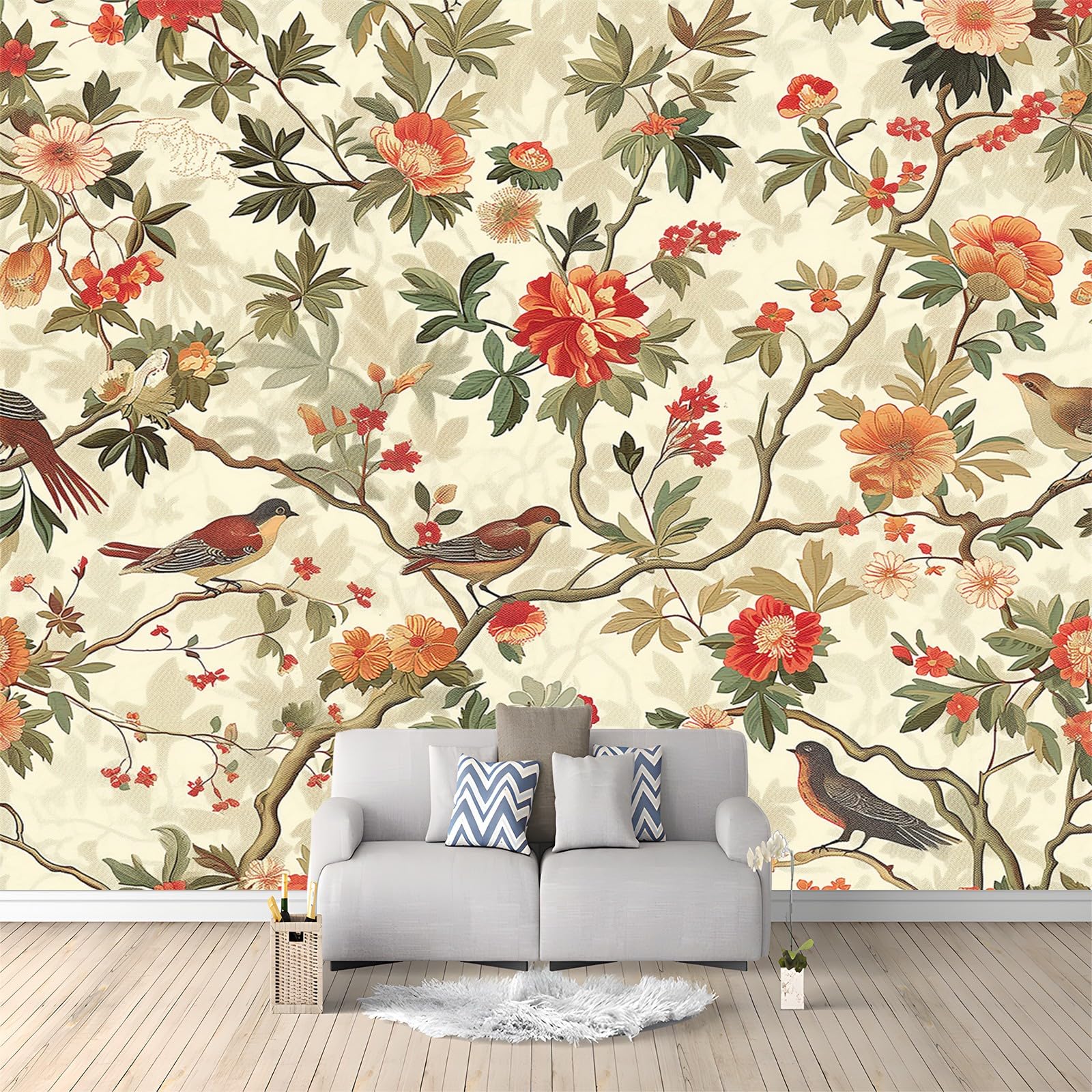 Tapeta 350 x 256 cm, tapeta z włókniny, tradycyjne kwiaty i ptaki, dekoracja, wodoszczelna, folia ochronna na ścianę, do sypialni, salonu, folia meblowa, tapeta ścienna, kolorowa, w zestawie poradnik