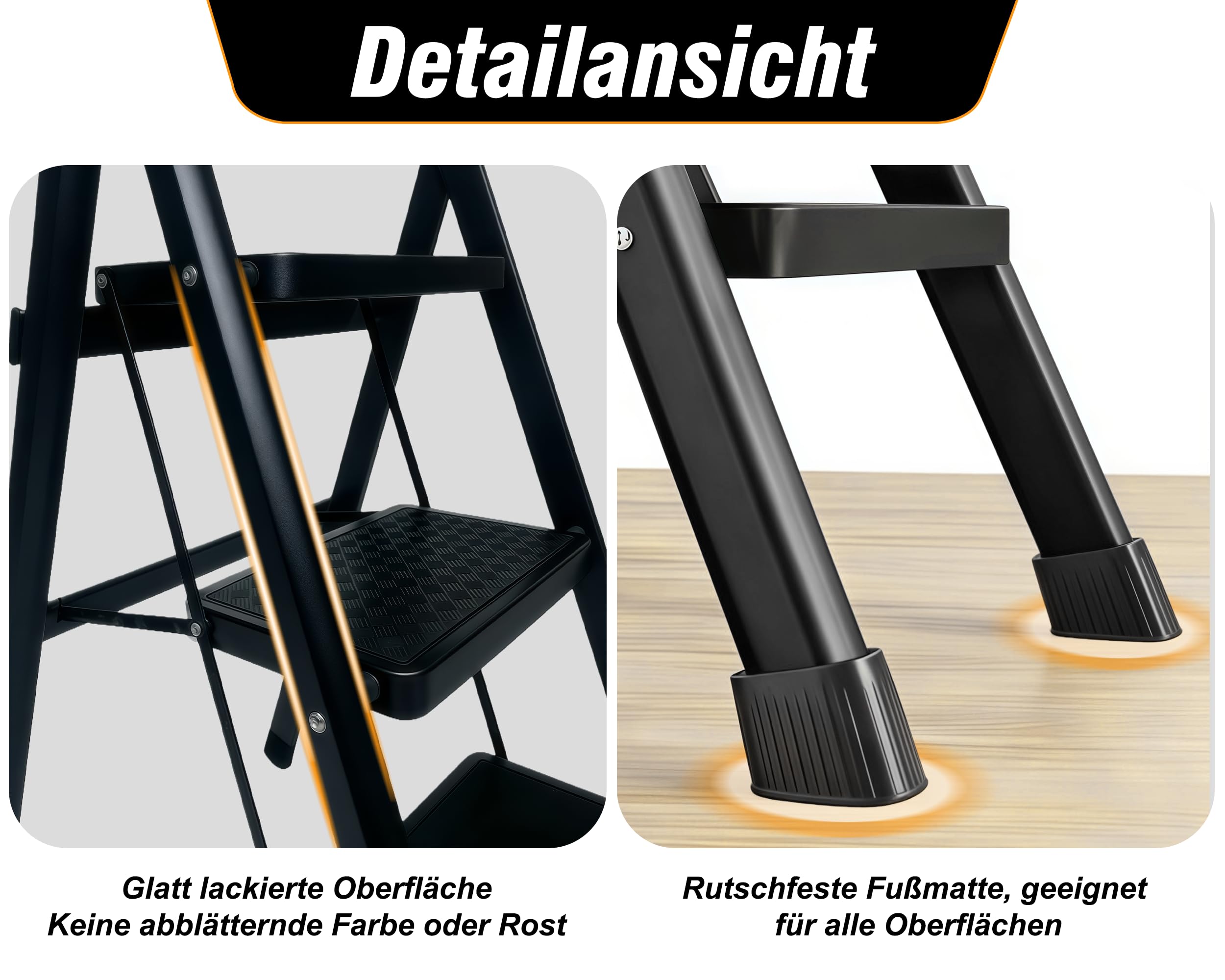 Scala Scaletta 5 Gradini in Acciaio Al Carbonio,Scala 5 Gradini con di blocco di sicurezza,Scaletta Pieghevole Ampia pedana antiscivolo,per Scaletta Cucina Portata 150 kg,Bianco e NeroNero