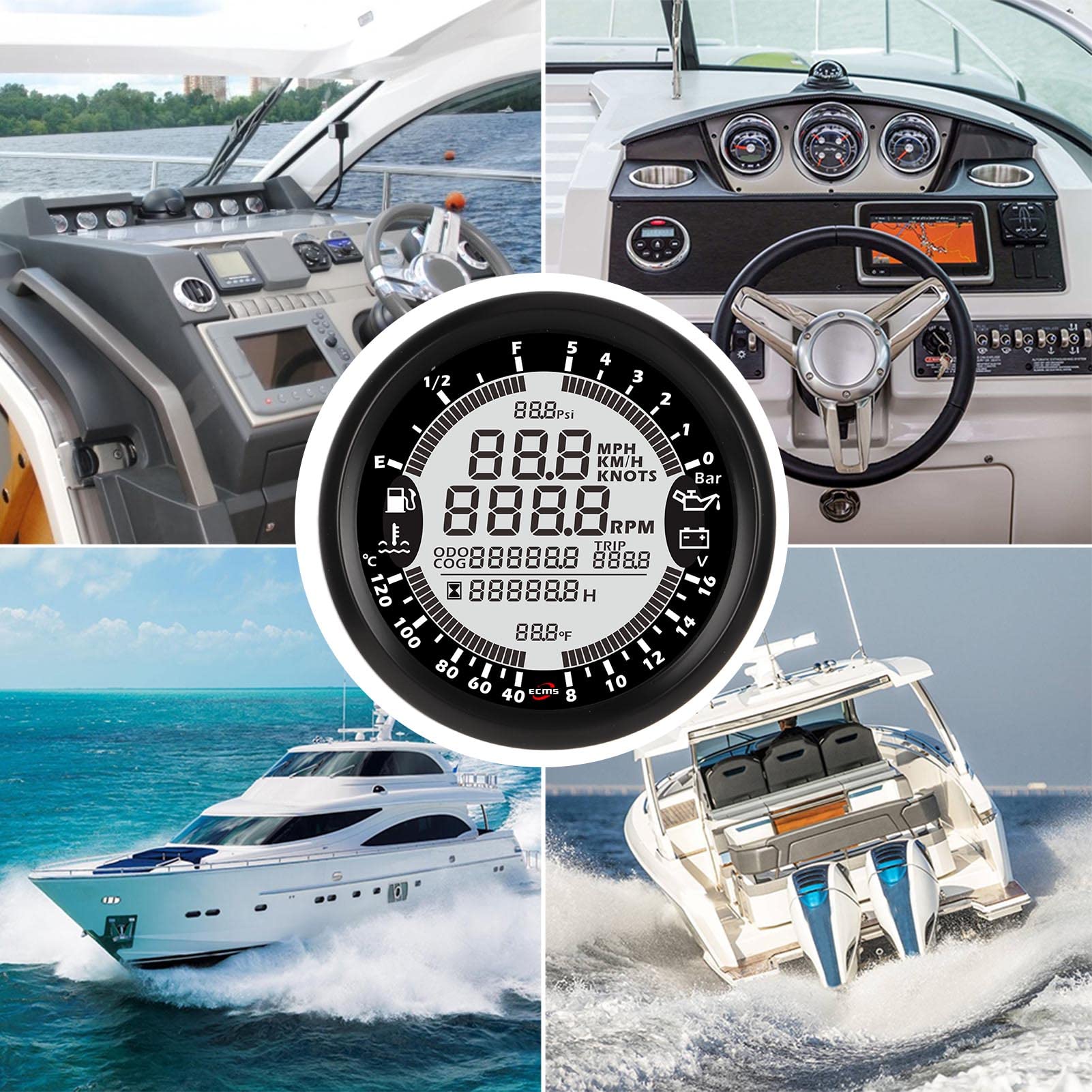 Aramox Multifunción Digital, Acero Inoxidable 316L, Tacómetro Marino 6 en 1, Velocímetro, Temperatura del Agua y Voltaje para Barcos y Yates