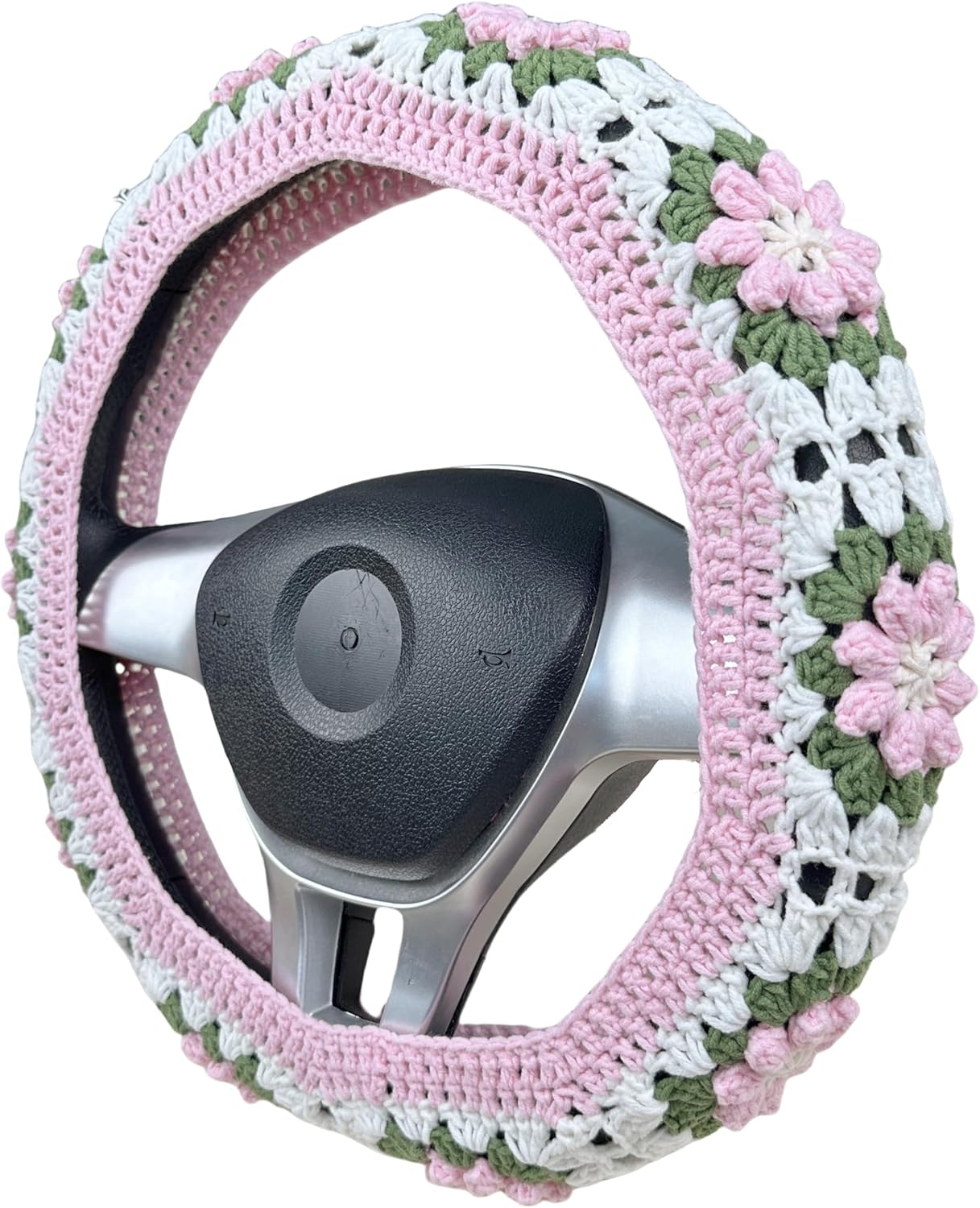 Handmade Crochet Pink and Green Cute Flower Steering Wheel Covers Universal 14-15 inch for Women and Men,New Car Gift,Handmade Gift,Gift for her