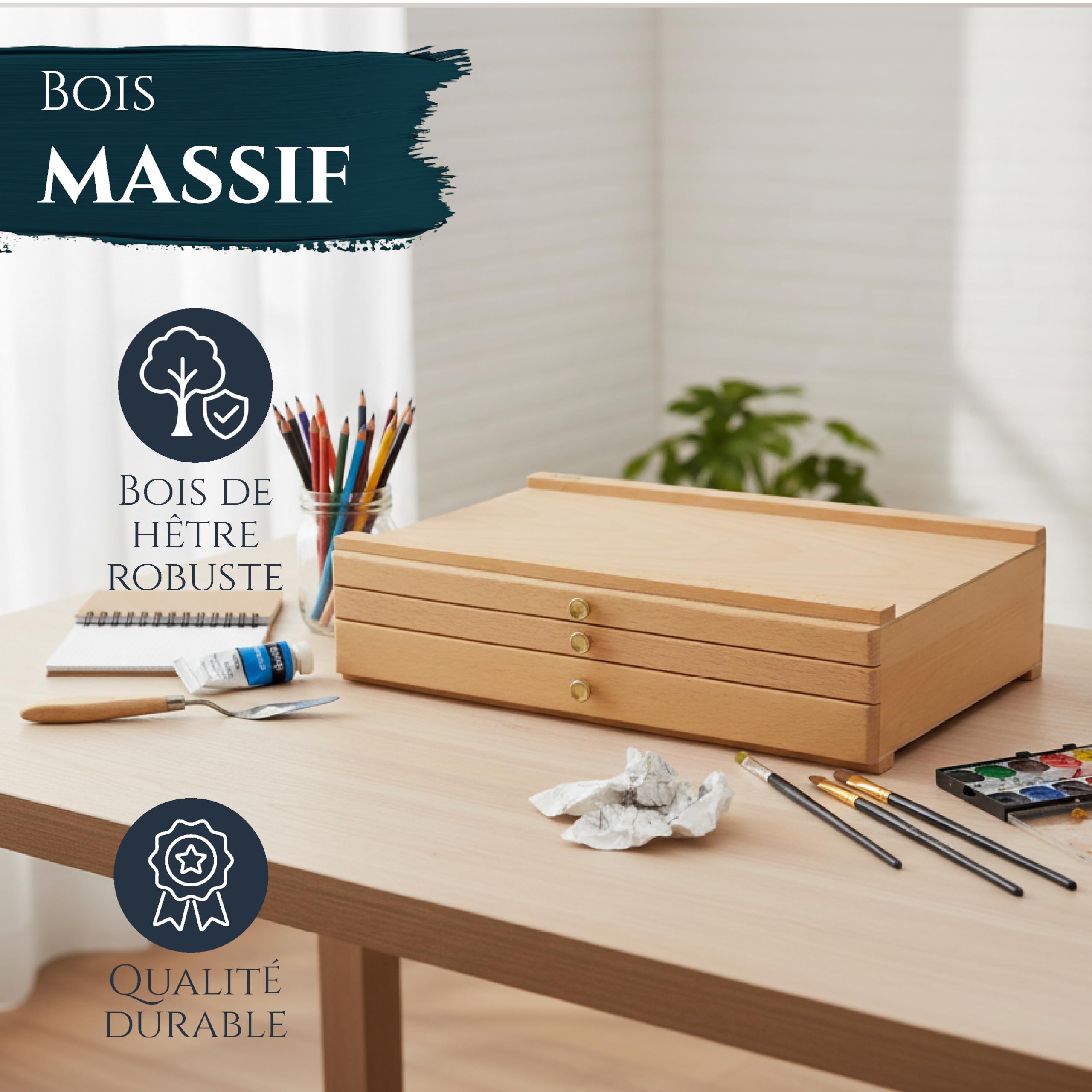 Artina - Boite de Rangement Troyes en Bois pour Materiel de Peinture - 3 tiroirs