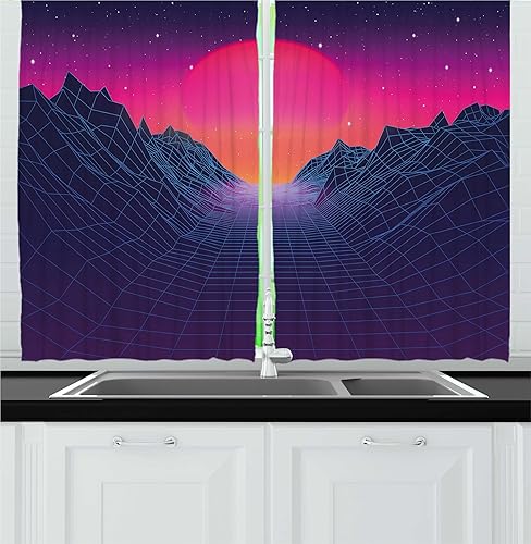 Miniatura 1 de Ambesonne Synthwave - Cortinas de cocina, ilustraciones de los años 80 de montañas de cuadrícula y cielo degradado de sol, juego de 2 paneles para