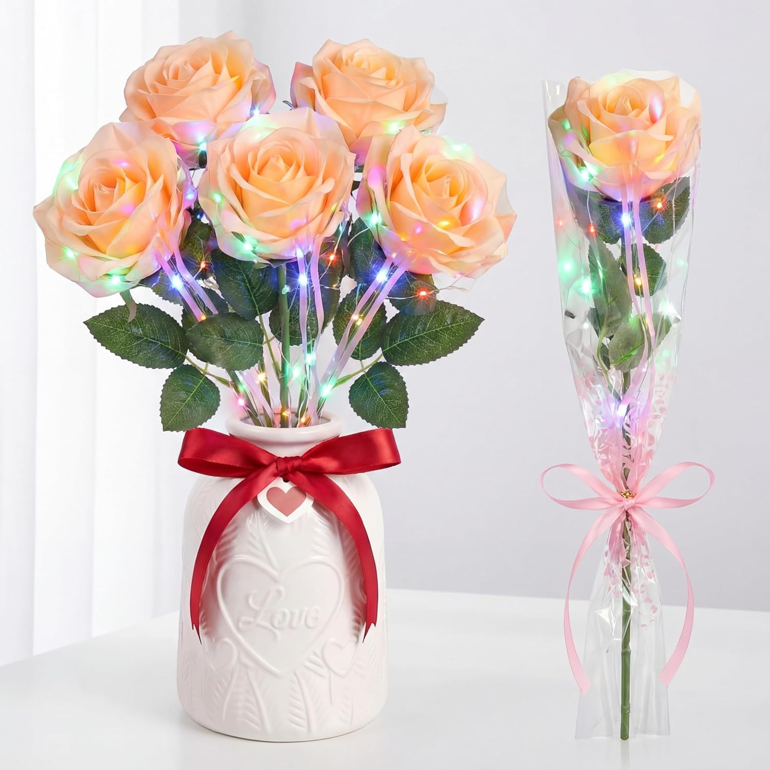 Riceshoot 24 Pcs Mother's Day Flower Rose Lights LED Glowing Artificial Flowers Rose Simulation Roses Gifts for Mom Mother's Day Party Decor (Red,Blue,Pink,Champagne)