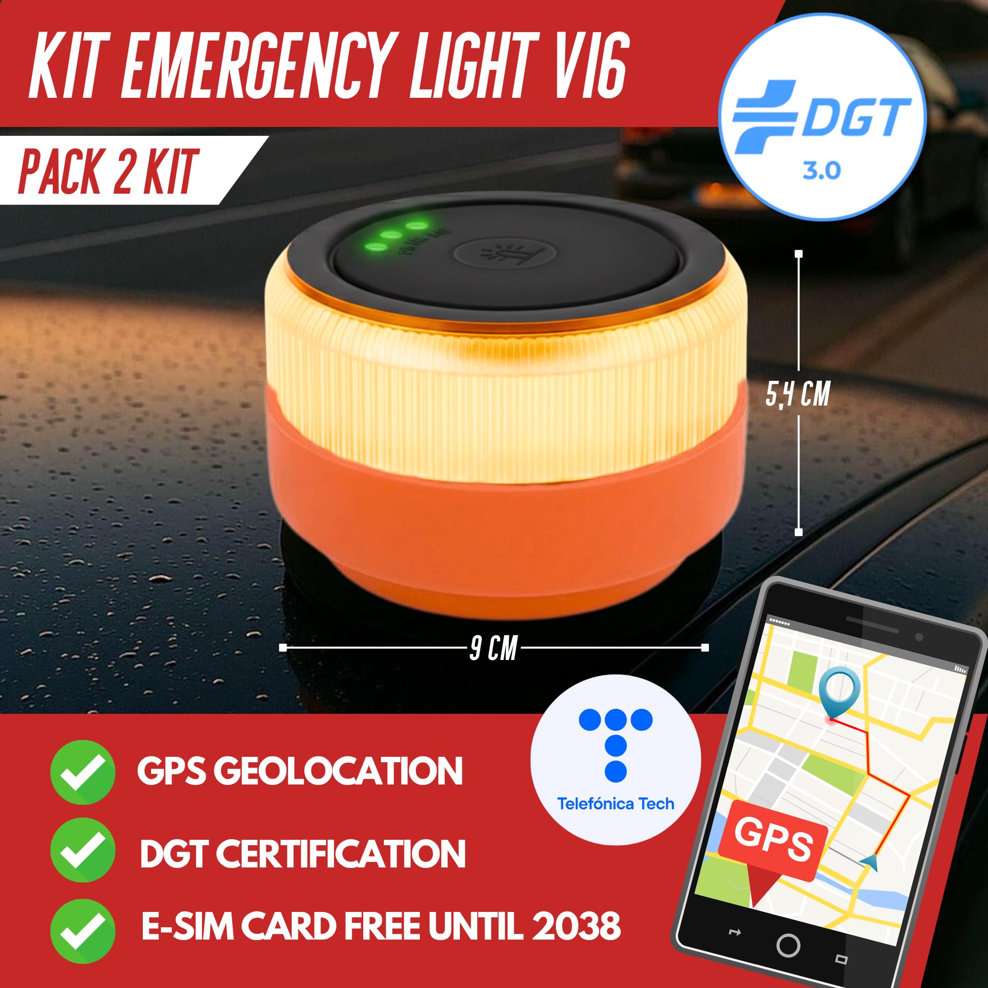 2x Luz de Emergencia V16 Homologada DGT 3.0 con Geolocalización