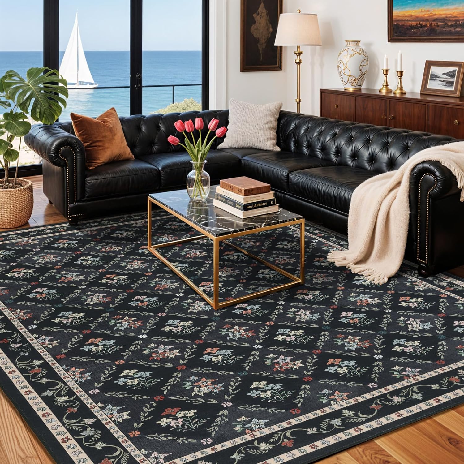 Rwlvpe Black Floral Rugs 10x14 Area Rugs for Living Room, Non Slip Stain Resistance Washable Vintage Large Area Rug for Bedroom, Low Pile Checkered Carpet for Farmhouse Dining Room Office