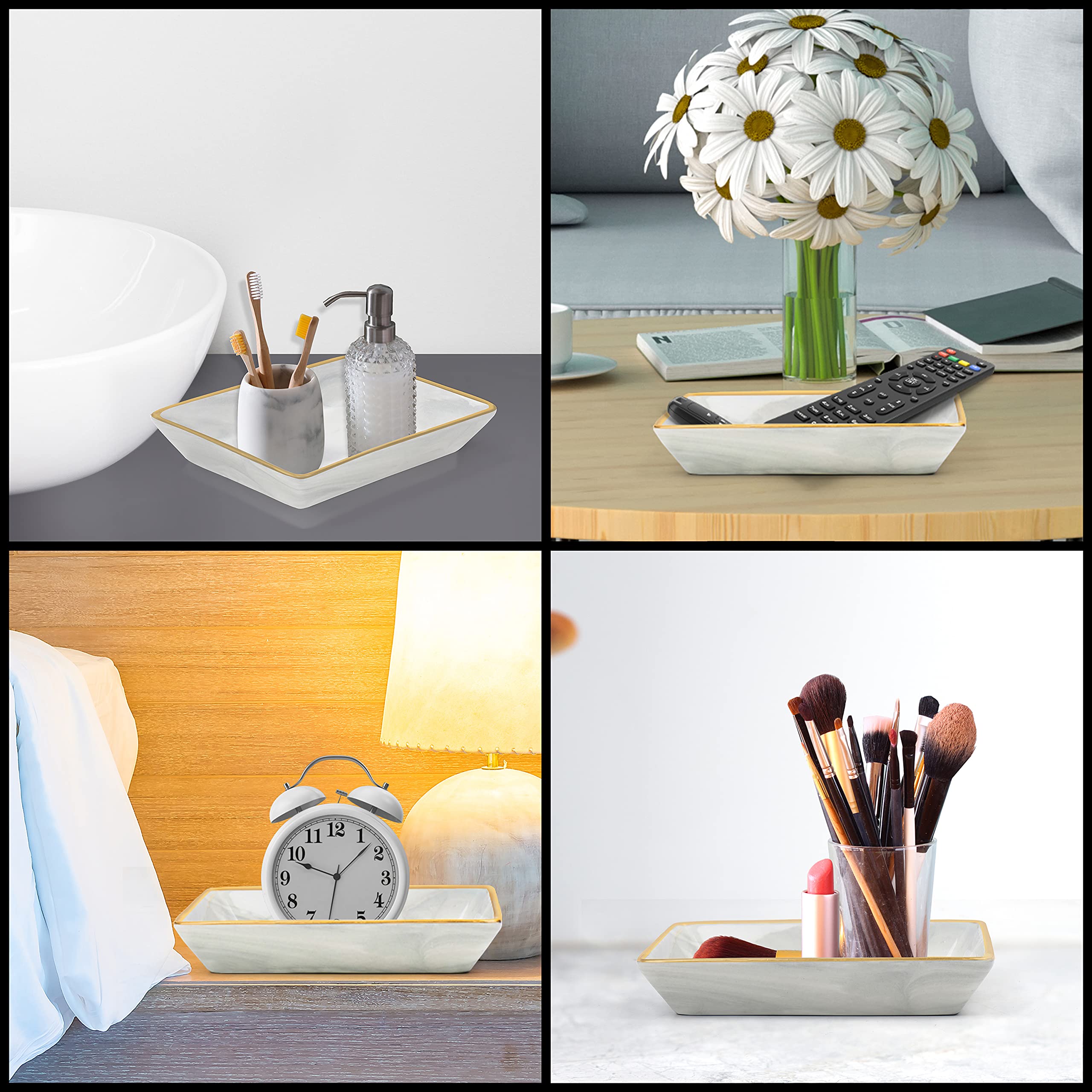 Vassoio Porta Oggetti In Ceramica Design Marmo - 10,8x14cm Con Bordi Dorati, Per Bagno, Cucina O Com&ograve;