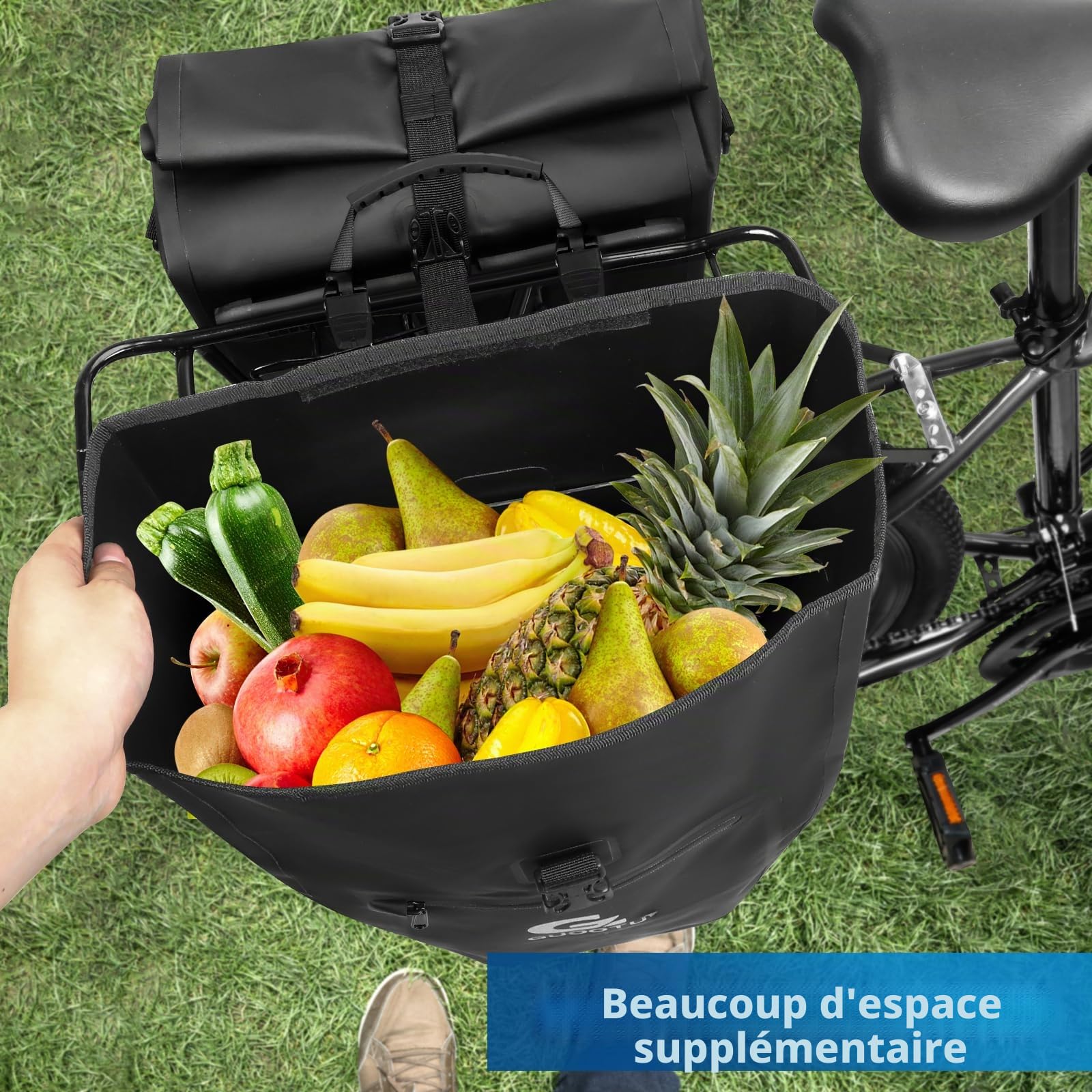 GUOOTU Lot de 2 sacoches de vélo 48 l en bâche pour porte-bagages arrière avec réflecteurs, poignée de transport et bandoulière (noir, 24 l, lot de 2)