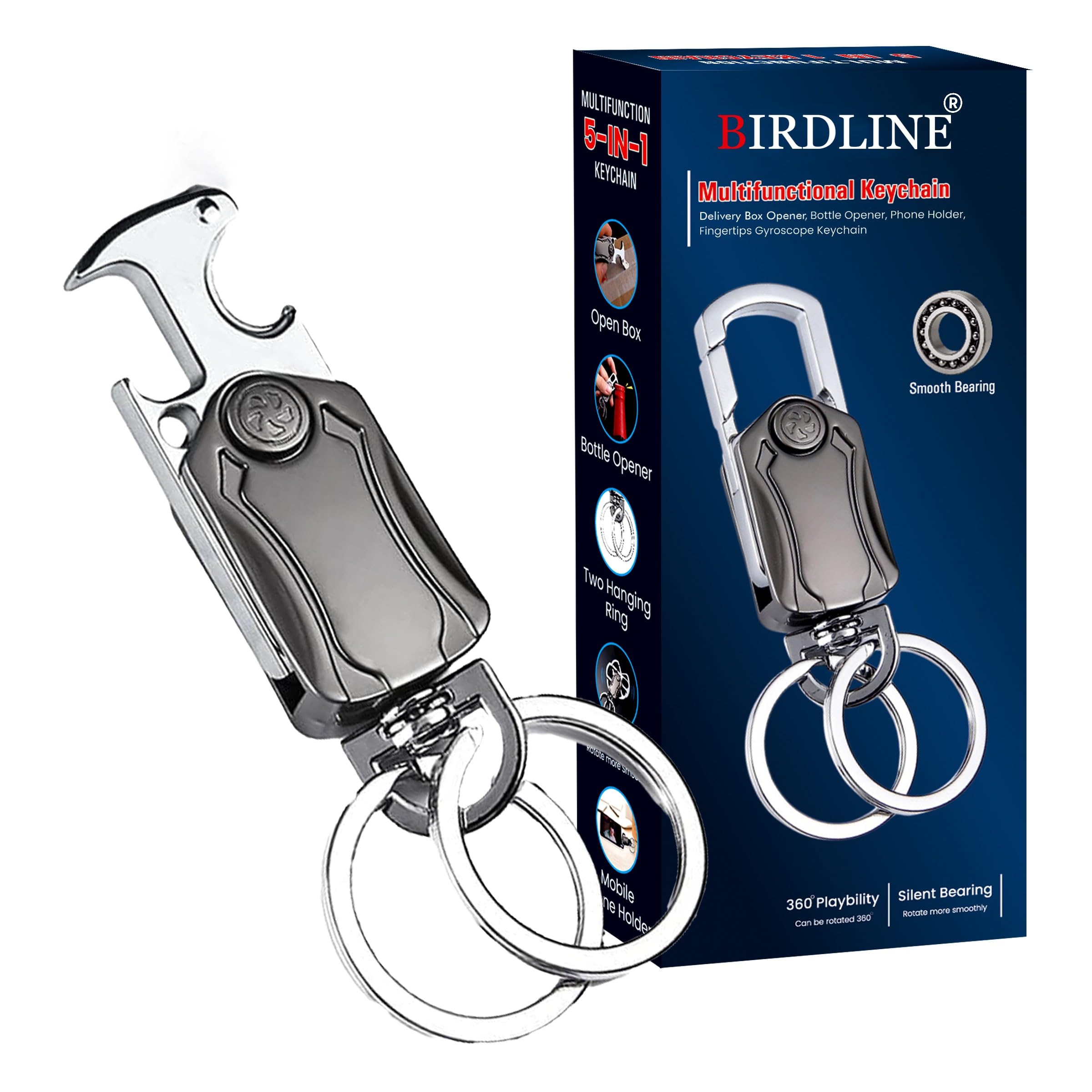 Multifunction Keychain 5 IN 1 Heavy Duty Dual Metal Ring, Bottle Opener, Mobile Phone Holder, 360° Rotate Spinner - Outdoor Carabiner Portable Key-chain For Bike & Car.