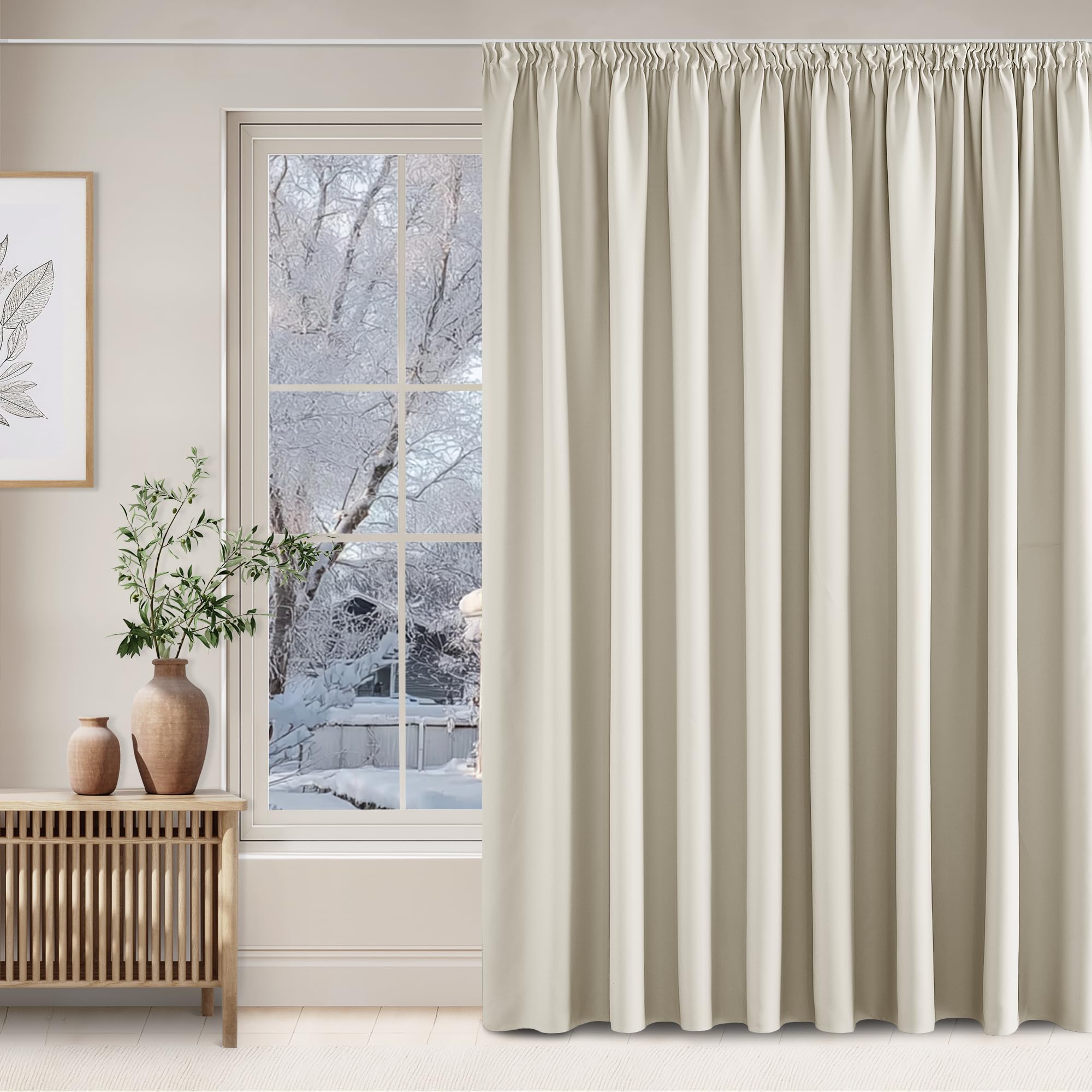 NICETOWN Beige Gardine 300 cm Breit für Schiene Verdunkelungsvorhänge Wohnzimmer Gardinen für Große Fenster 1er Set 240 x 300 cm(HxB) Raumteiler Thermovorhang Kälteschutz mit Kräuselband Hellbeige