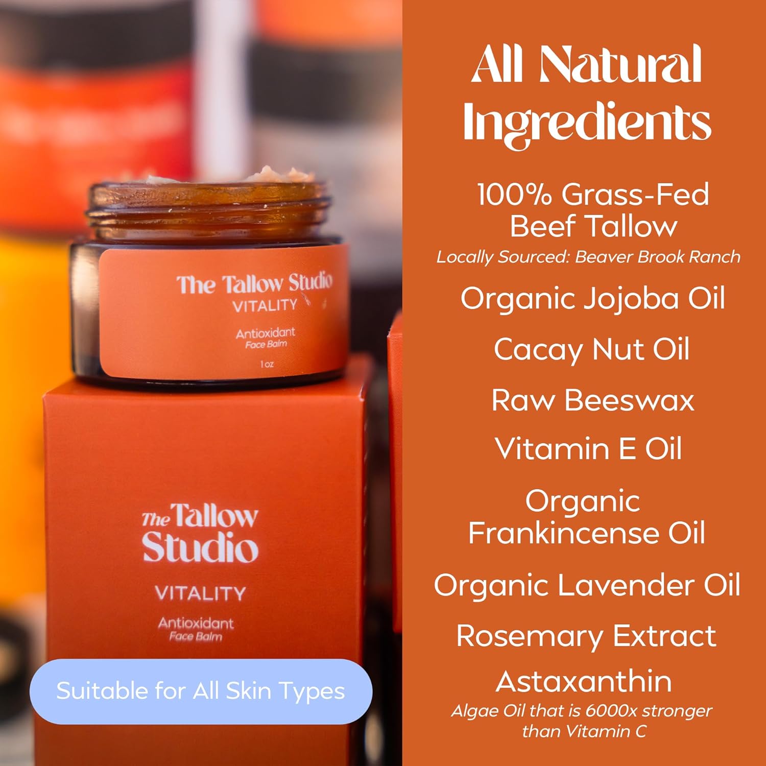 Antioxidant Tallow Face Balm for Dry & Sensitive Skin — Grass Fed Beef Tallow Face Moisturizer with Cacay Oil, Frankincense & Astaxanthin — Deeply Hydrating, Chemical Free — 1 oz