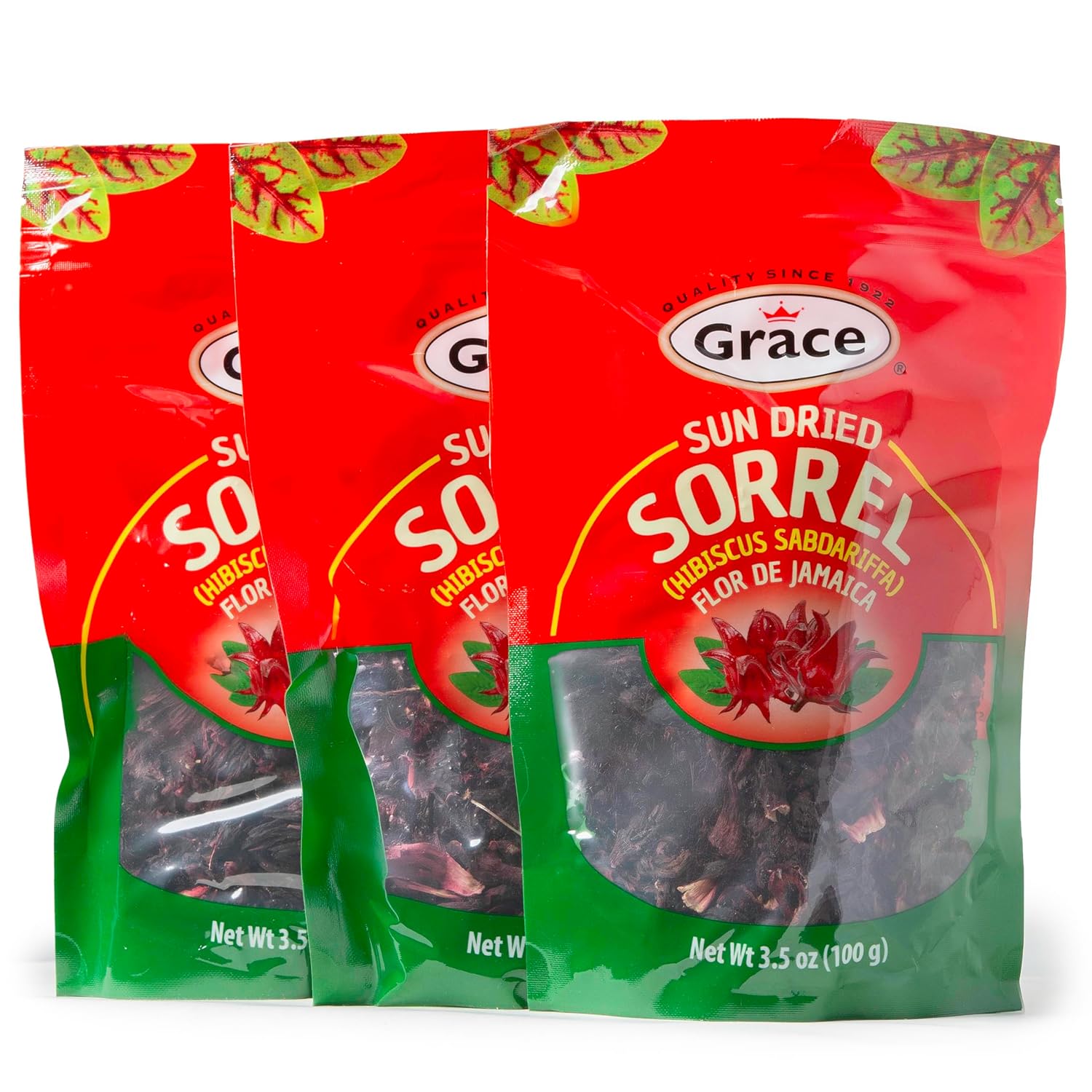 Grace Sun Dried Sorrel 3.5oz - 3 Pack - Jamaica Leaves - Flor de Jamaica - Hibicus Sabdariffa