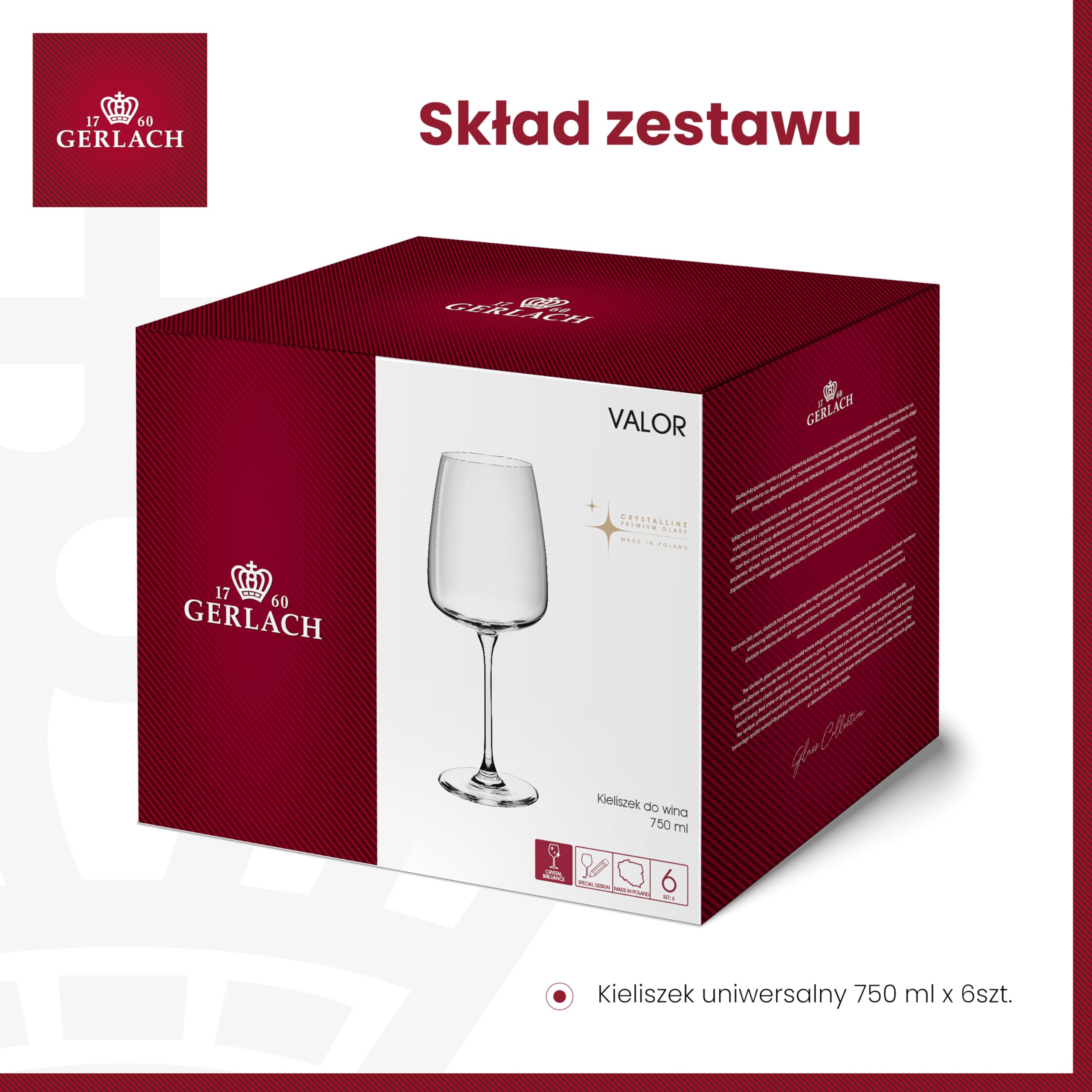 Gerlach 1760 Zestaw 6 Kieliszków do Wina Wody Soków Valor Uniwersalne Przezroczyste 750 ml do Mycia w Zmywarce