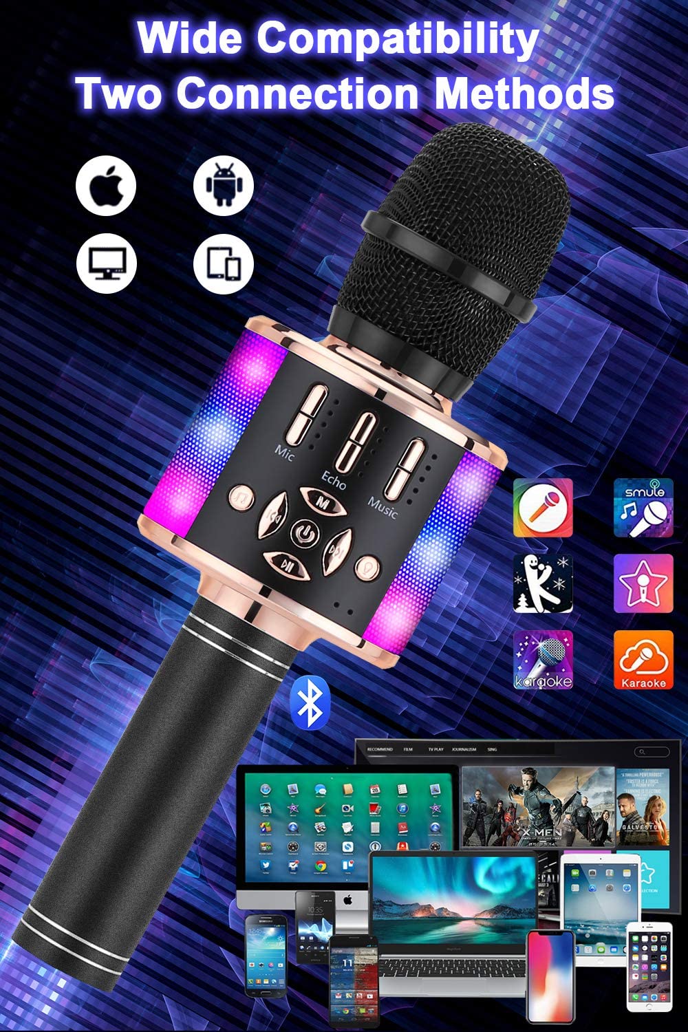 BONAOK Microfono per Karaoke Senza Fili, Microfono per Karaoke con suono magico, Macchina per Karaoke Bluetooth 4 in 1, microfono per Karaoke, per Feste/all'aperto/Viaggi (Oro Nero)