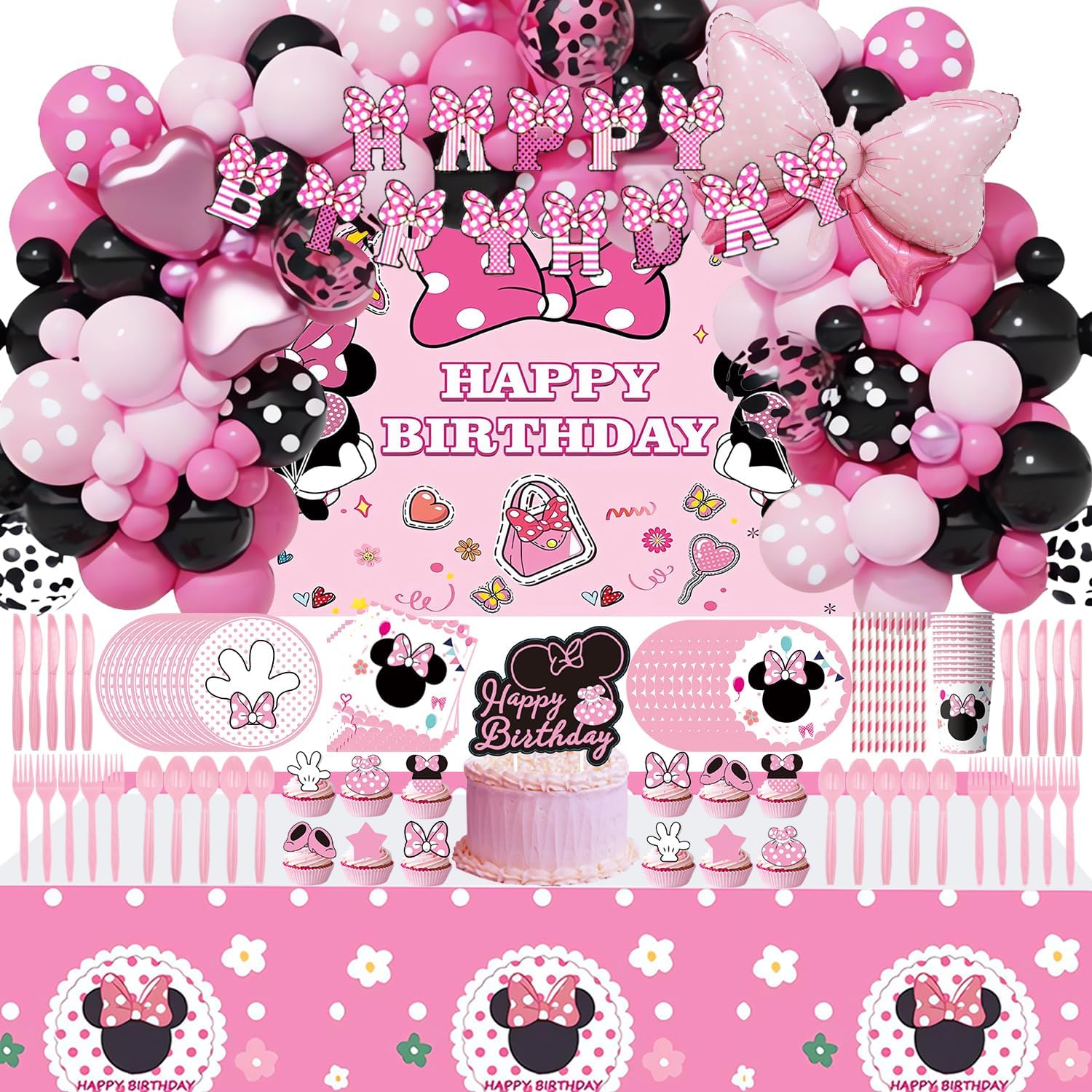 312 PCS Pink Mouse Birthday Decorations Serves 24 Guests Mouse Theme Party Decorations Include Balloons, Backdrop, Tablecloth, Cake Topper, Paper Plates and More Party Supplies for Girls