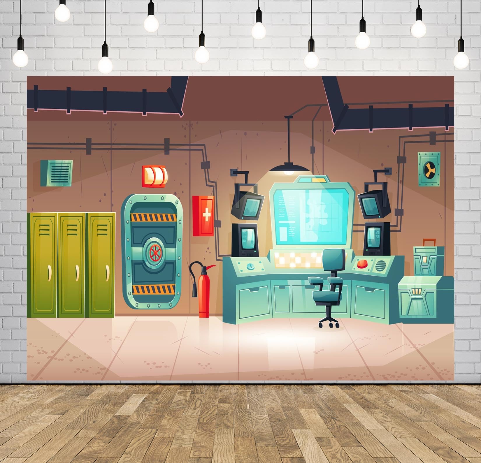 BELECO 5.2x3m Telo sfondo laboratorio scientifico cartone animato | Bunker sotterraneo armadietti pannello controllo monitor porta blindata base scientifica segreta accessori foto
