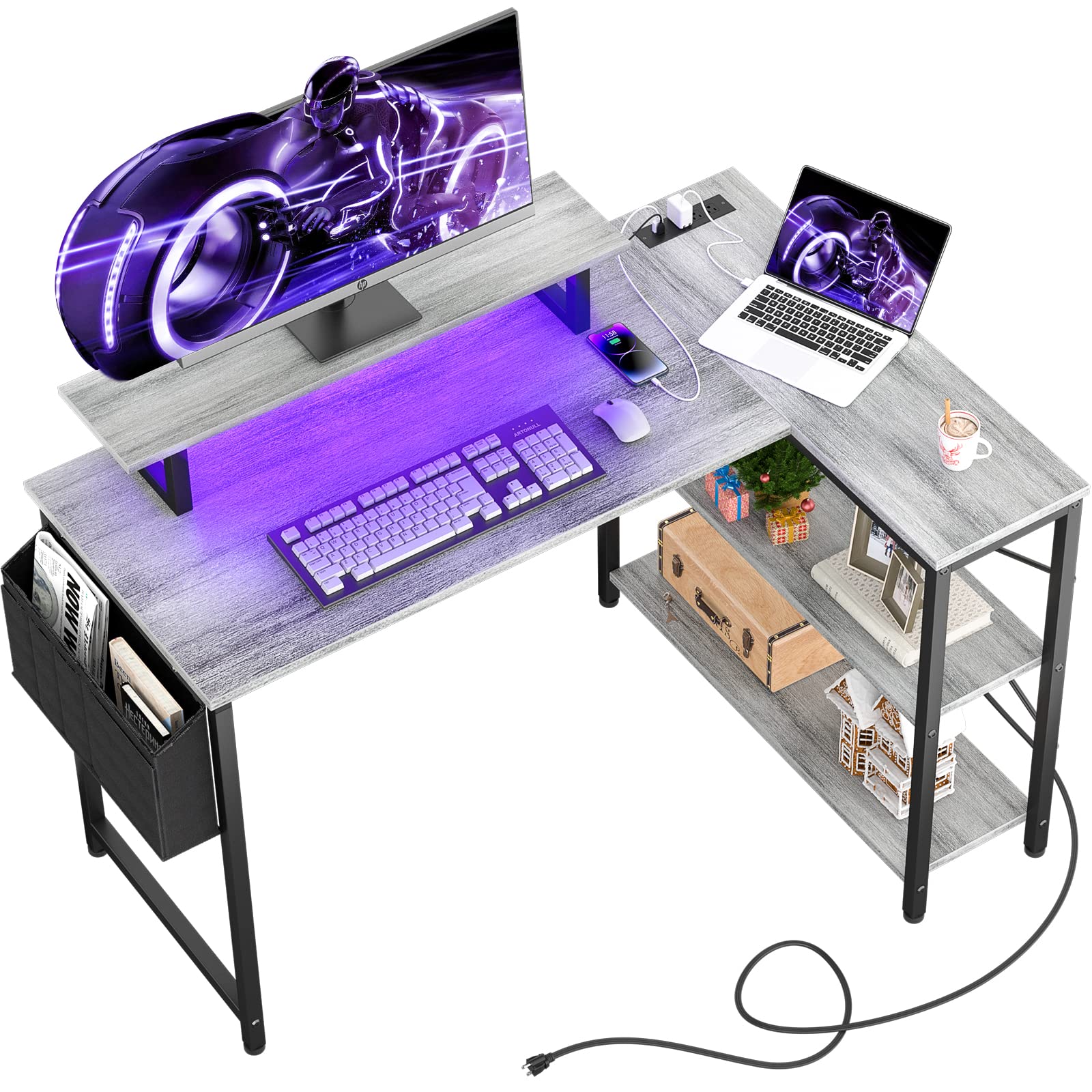 Homieasy L Shaped Computer Desk with LED Strip & Power Strip, 47 Inch