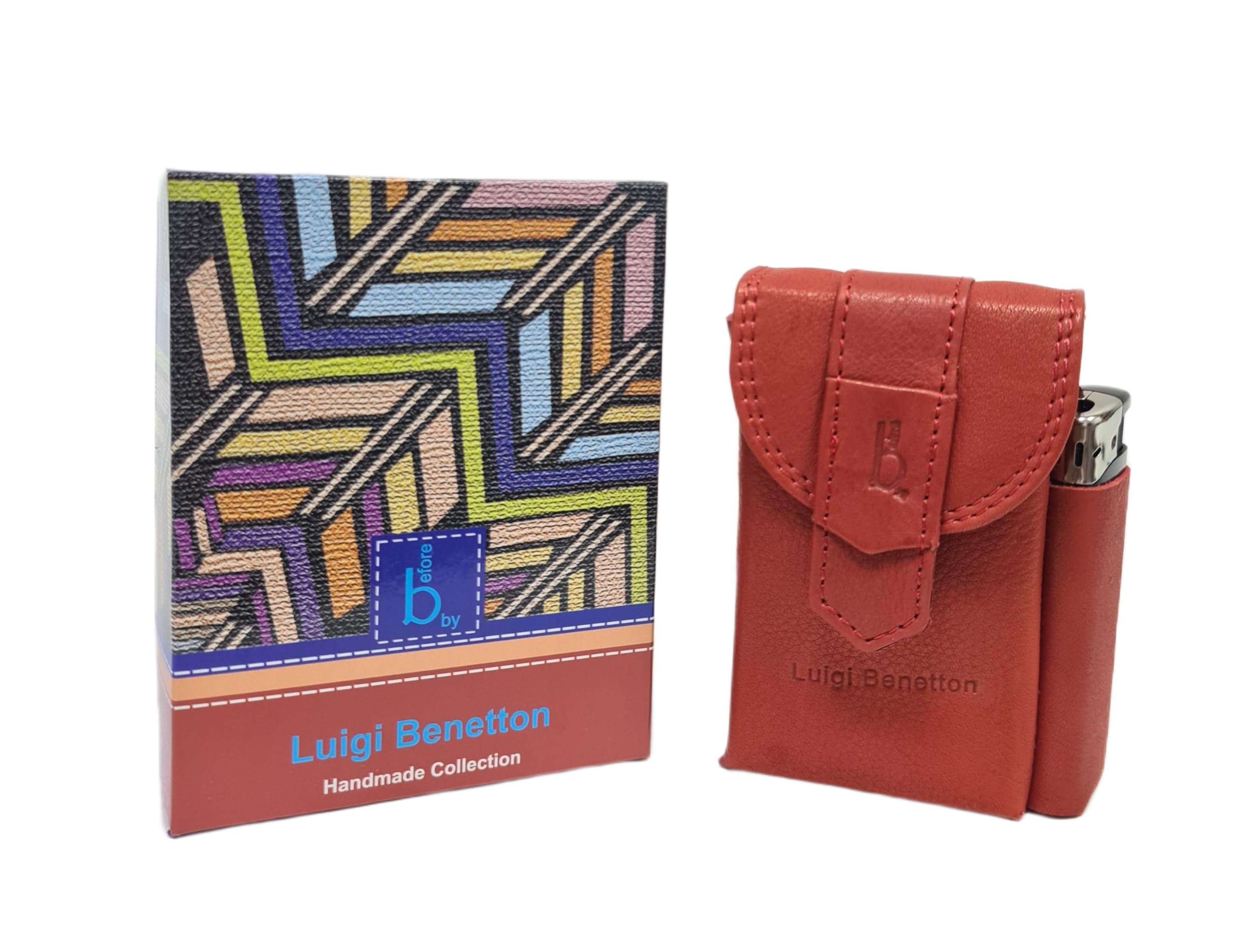 Luigi Benetton Pitillera de piel auténtica, doble botón, porta mechero lateral, dimensiones 10 x 6,5 x 3 cm, con caja de regalo Art. 3176 (rojo)