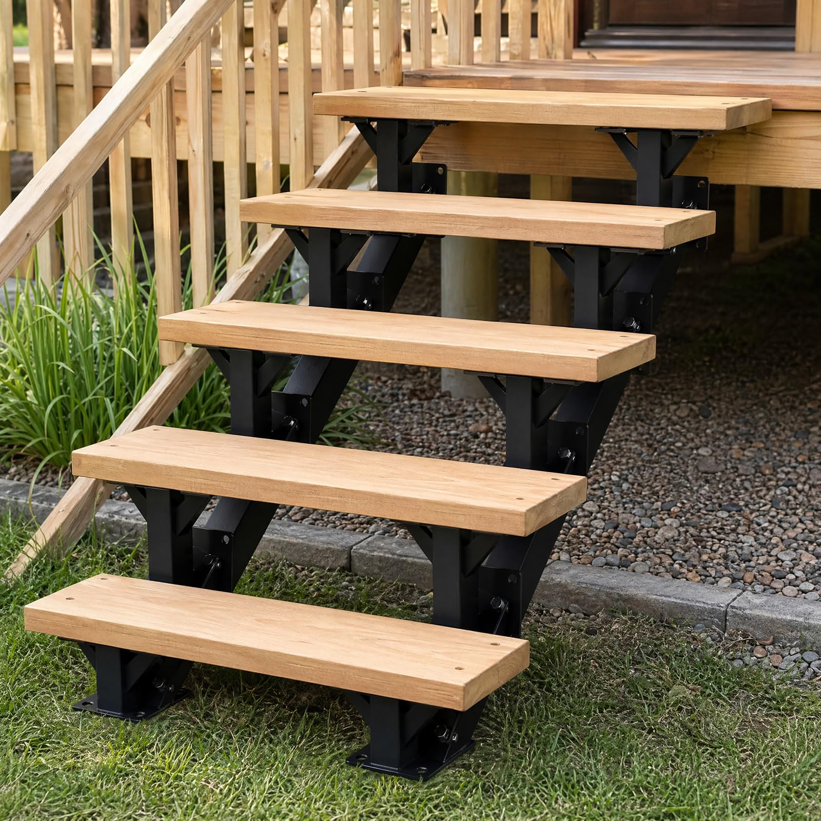 Limons d'escalier métalliques 2 marches, avec Trous pré-percés | contremarches en acier pour terrasse de 33 cm de hauteur,charge maximale 225 kg,extérieures pour terrasse, porche, patio
