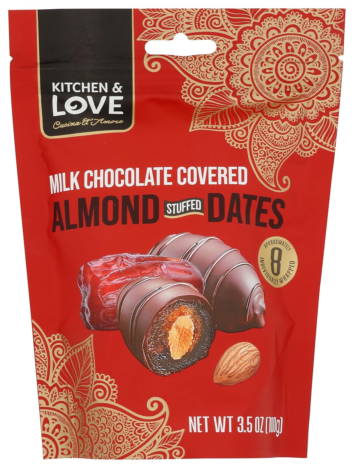 Kitchen & Love Milk Chocolate Covered Almond Stuffed Dates, 3.5 Ounces (Pack Of 8)