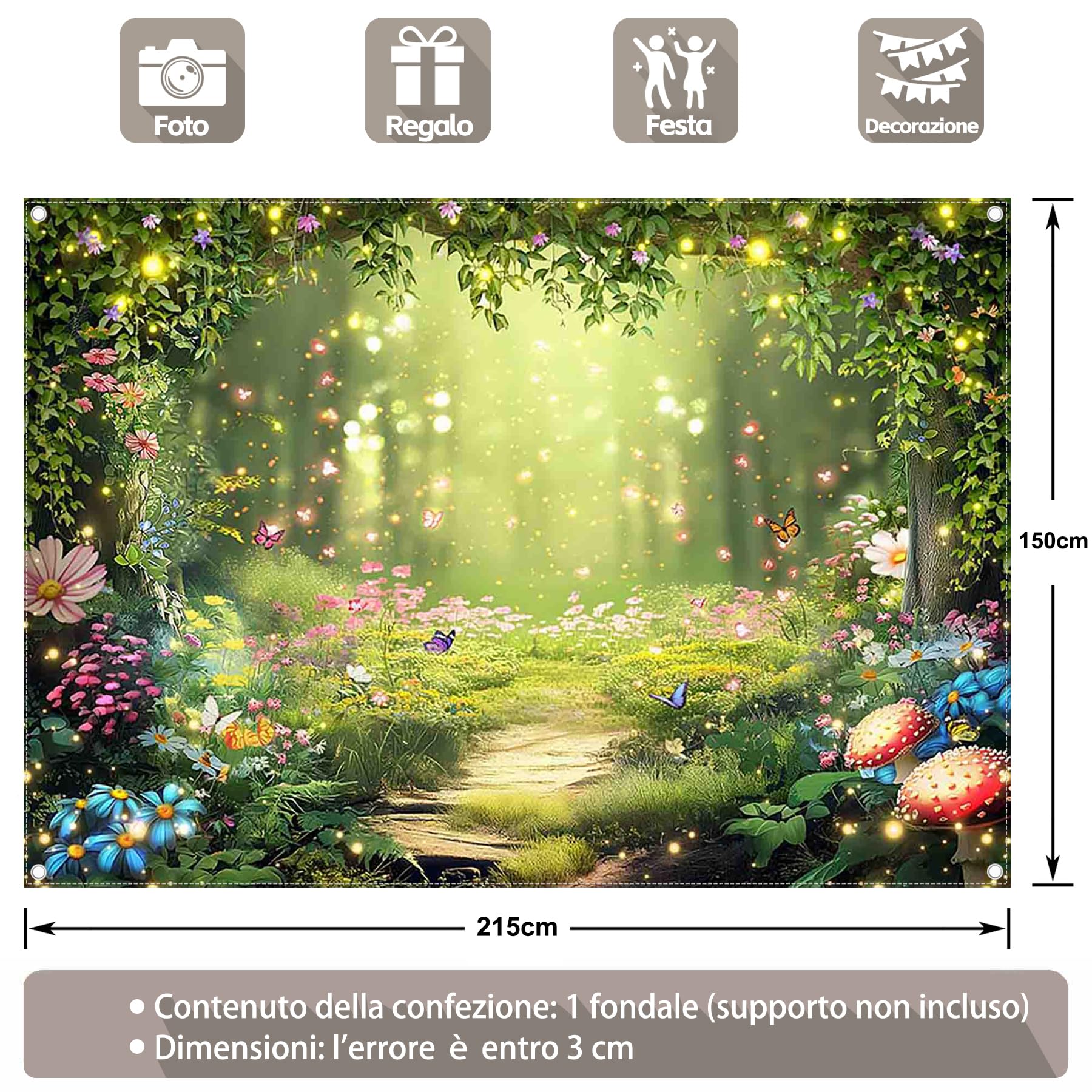 Luminora Tessuto in poliestere 2,1 x 1,5 m Sfondo tessuto bosco incantato, fiaba, paese delle meraviglie, sfondo magico, decorazioni feste primaverili, accessori banner foto bambini