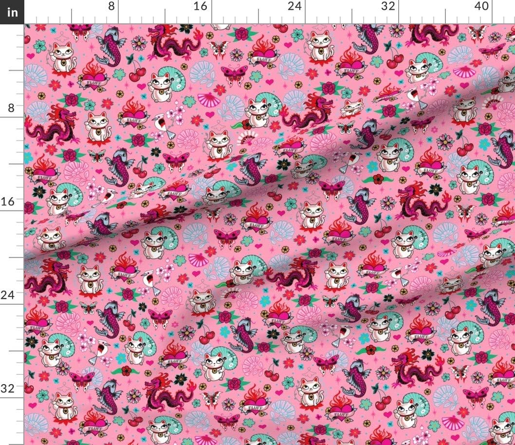 Spoonflower Fabric - Lucky Cat Dragons Koi Fish Pink Medium Cats Japanese Asian Inspired Printed on Petal Signature Cotton Fabric by The Yard - Sewing Quilting Apparel Crafts Decor