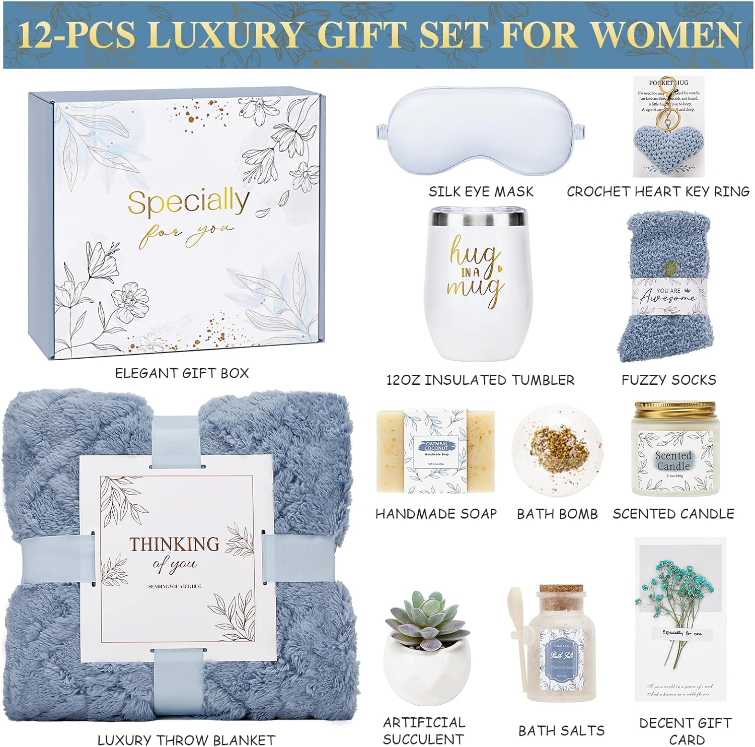 Get Well Gifts for Women Self Care Gifts Basket - Relaxing Spa Care Package After Surgery Valentines Day Birthday Gift - Feel Better Sympathy Gift Set for Her Mom Sister Friend Wife (Blue) - Image 2