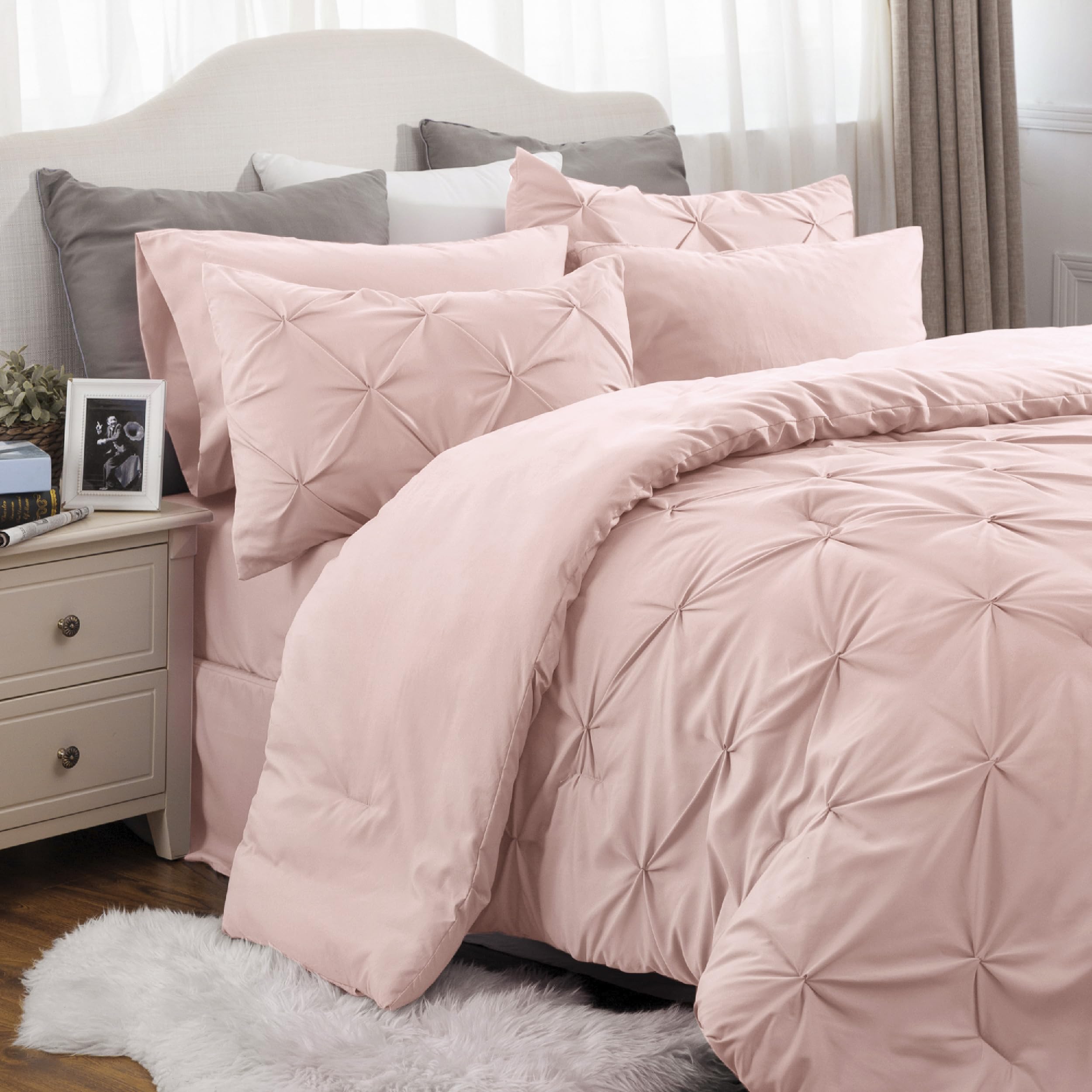 Bedsure Full Comforter Set Pink - Bed in a Bag Full Size 7 Pieces, GentleSoft™ Pintuck Bed Set Gift for Family, Pinch Pleat All Season Comforter with Sheets, Pillowcases & Shams