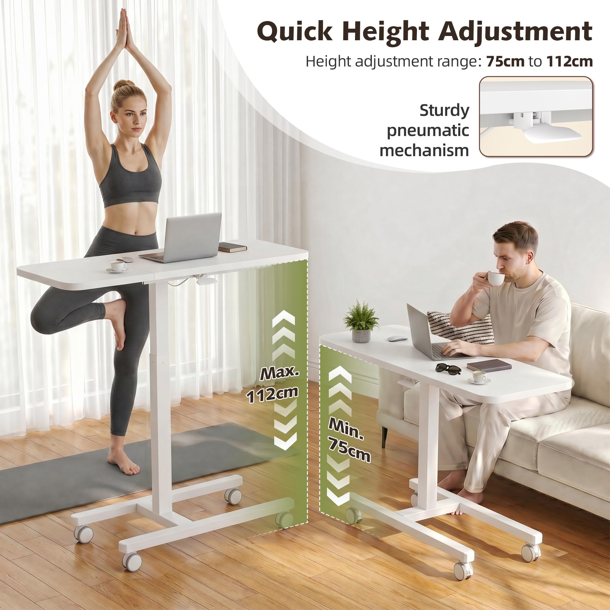 Mesa Cama Ajustable en Altura, Gran Superficie 100cm, con Ruedas con Freno, Pistón Gas, Escritorio/Portátil Forma C Robusto, Mesa Sofá Móvil para Salón, Dormitorio, Office,Blanco