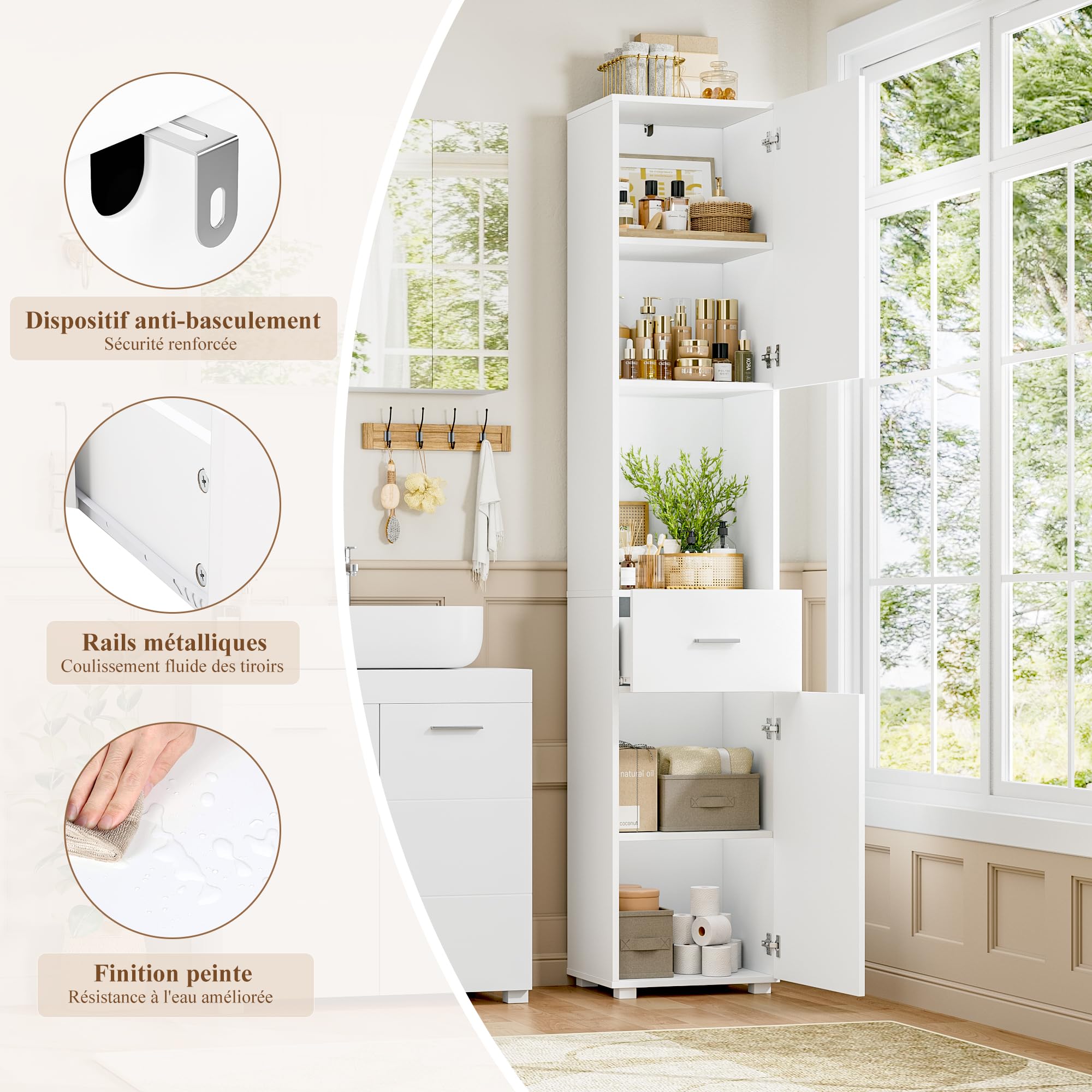 FOREHILL Meuble Colonne Salle de Bain 180cm Armoire de Salle de Bain Blanc | Meuble salle de bain étroit, 37x30x180cm, Armoire haute, colonne salle de bain avec 2 portes 1 tiroir, Gain de place, Moderne