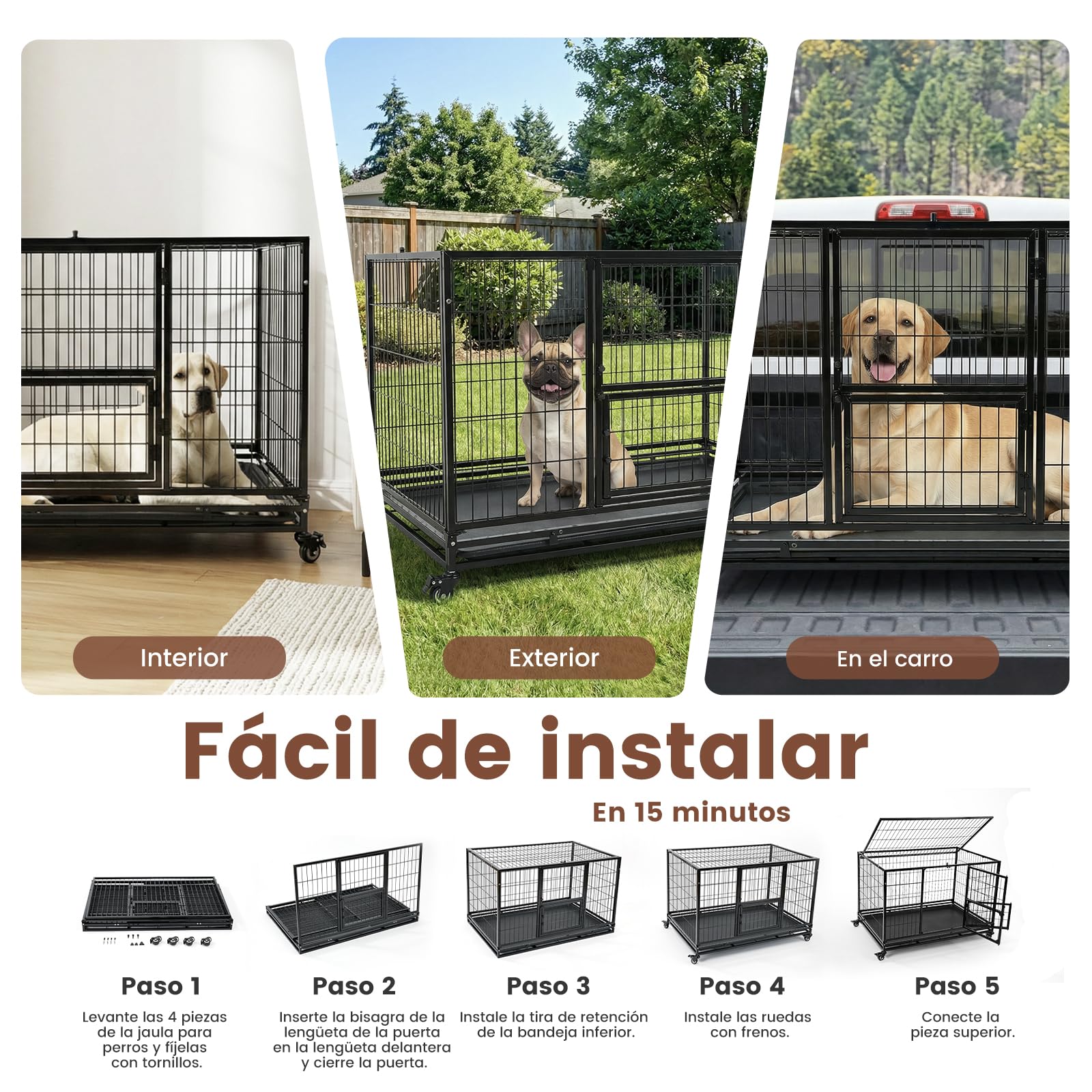 Gardner Pet Jaula para Perro Talla L-82.3x51.5x56cm para Perros Medianos, Diseño a Prueba de Escape con Bandeja, 3 Puertas Desmontables y Ruedas Bloqueables, Jaula Plegable de Metal para Perros-Negro