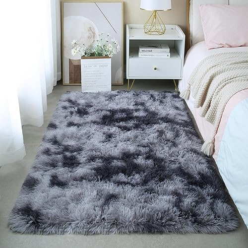 Miniatura 44 de Alfombras mullidas de 4 x 6 pies para dormitorio de niñas, alfombra de pelo largo lavable en arco iris para habitación de niños, guardería