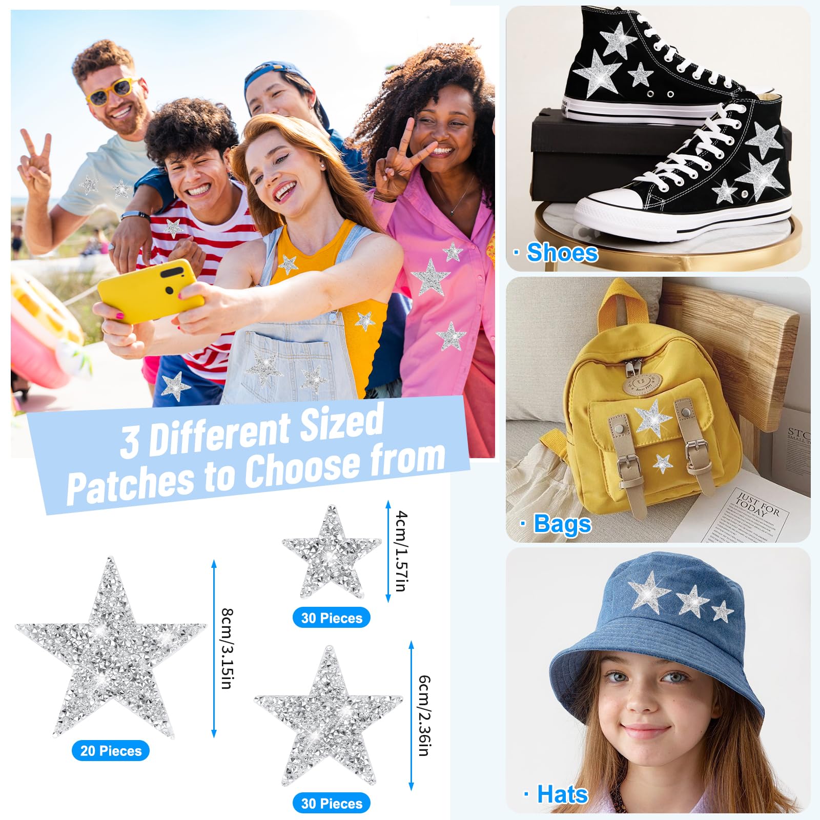 80 parches de estrella para planchar, 3 tamaños, parches adhesivos de diamantes de imitación plateados, parches brillantes en forma de estrella con 3 kits de costura, agujas de hilo para ropa, jeans,