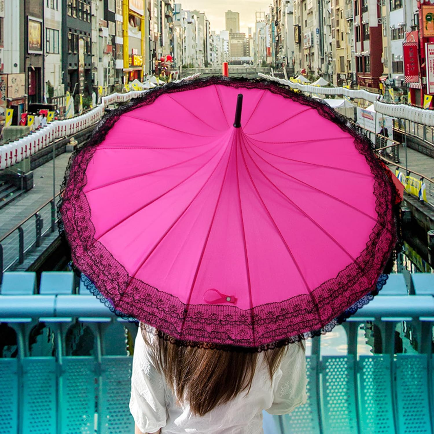 Pagoda Ladies Pagoda Parasol Umbrella Long Handle Windproof UV Protection Rain Umbrella with Hook Handle for Wedding Travel Shooting Props