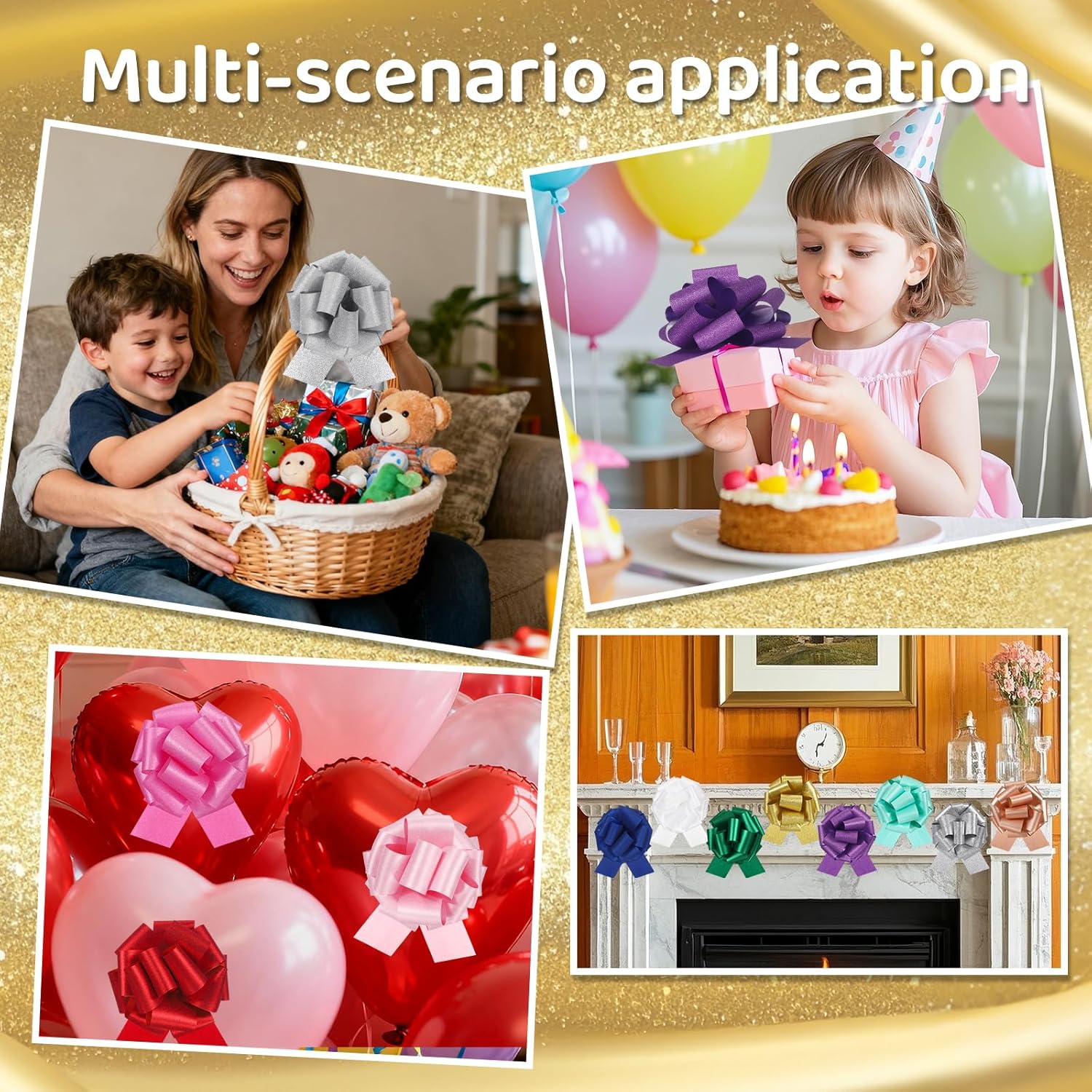 24 pcs Pull Bow Glitter Gift Wrapping Ribbon Bow Metallic Holiday 6inchs Adhesive Gift Bows for Wedding Present Warp Christmas Wedding Baskets Valentine Easter Party (24Pcs-Mix Colors-I) - Image 7