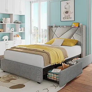 Feonase Upholstered Storage Bed Frame Twin Size with 4 Drawers, Platform Bed with Charging Station & Wingback Headboard, Solid Wood Slats Support, Light Gray
